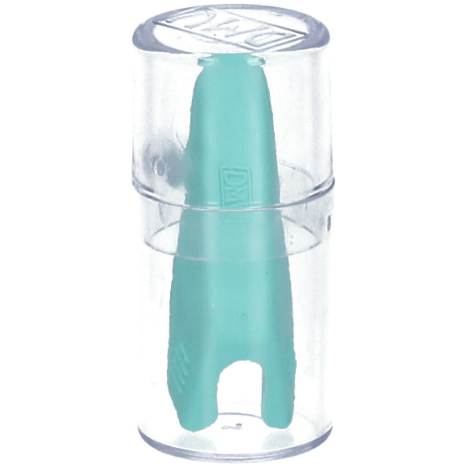 Extracteur de lentilles souples dans un récipient transparent. Turquoise, allongé, avec encoche en U et logo DM.