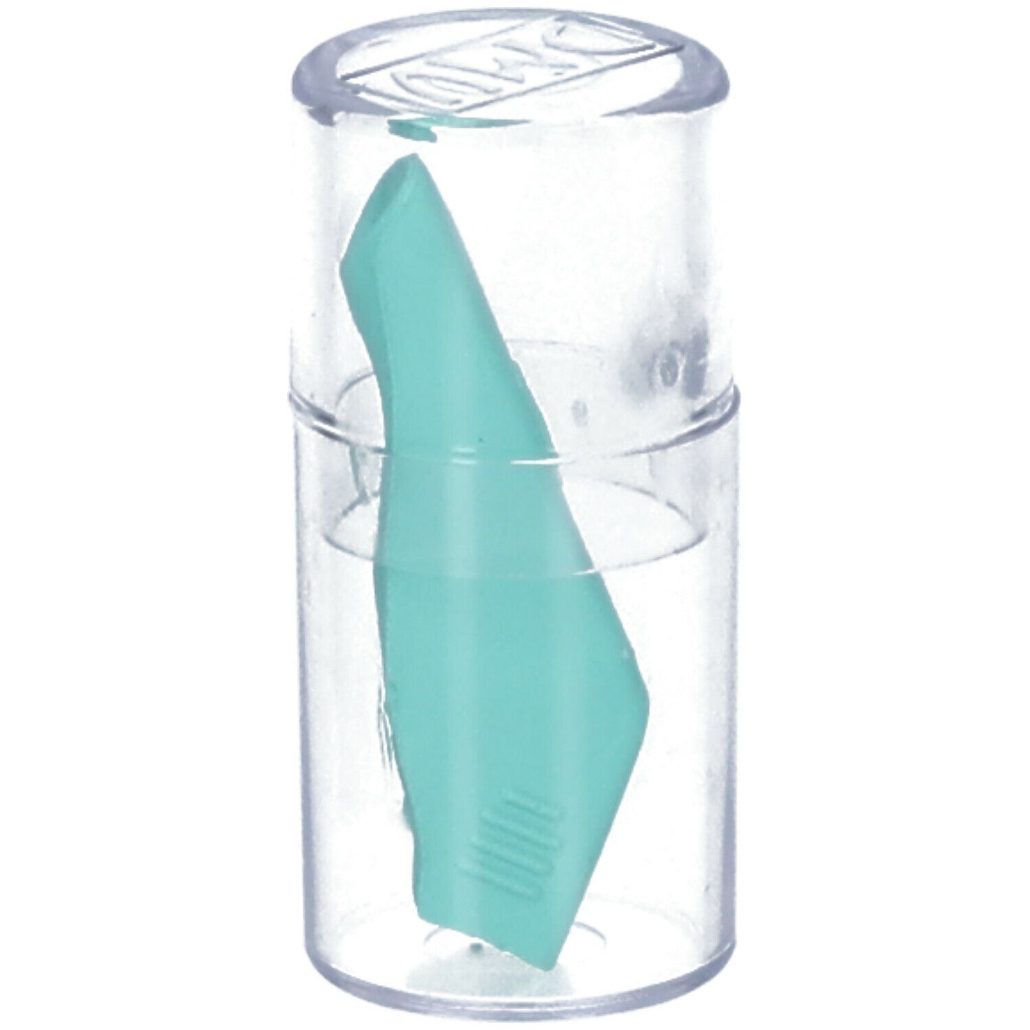 Extracteur de lentilles souples dans un récipient transparent. Turquoise, allongé, avec surface striée.