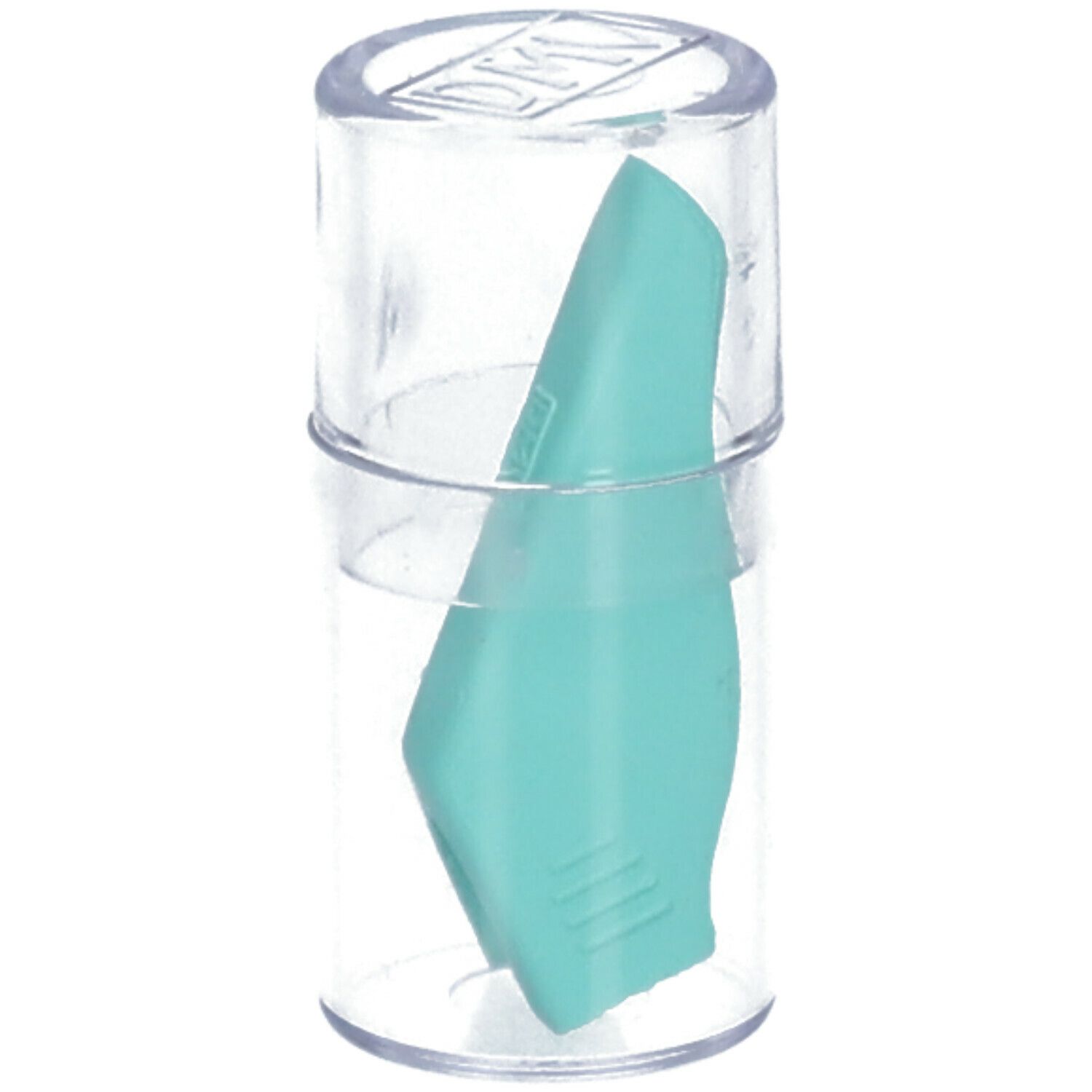 Extracteur de lentilles souples dans un récipient transparent. Turquoise, allongé, avec surface striée.