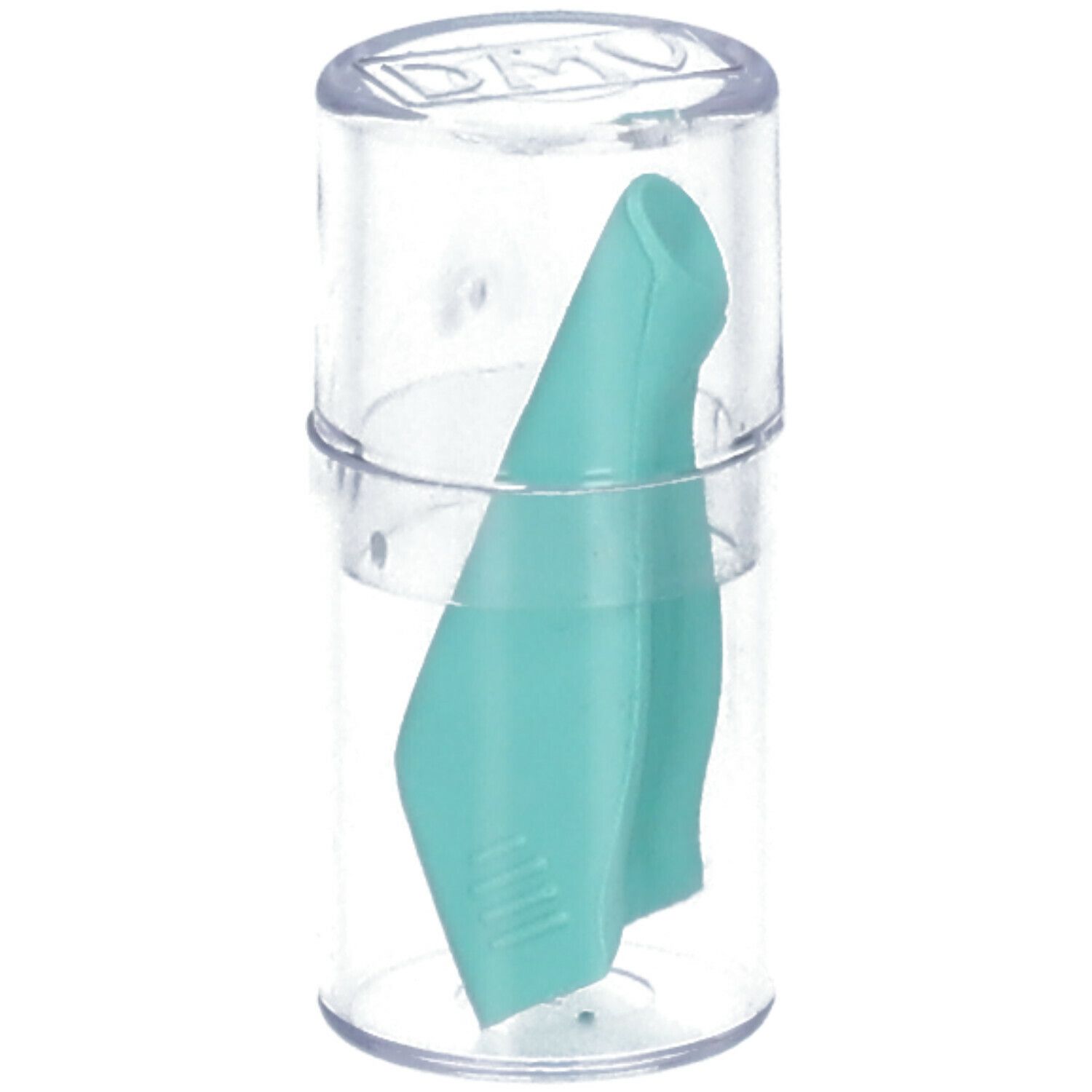 Extracteur de lentilles souples dans un récipient transparent. Turquoise, allongé, avec surface striée.