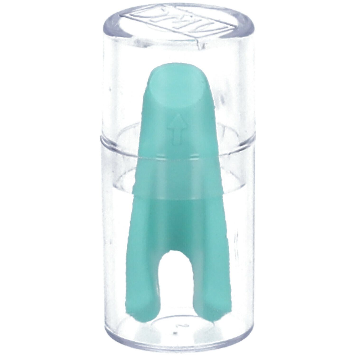 Extracteur de lentilles souples dans un récipient transparent. Turquoise, allongé, avec marquage fléché.