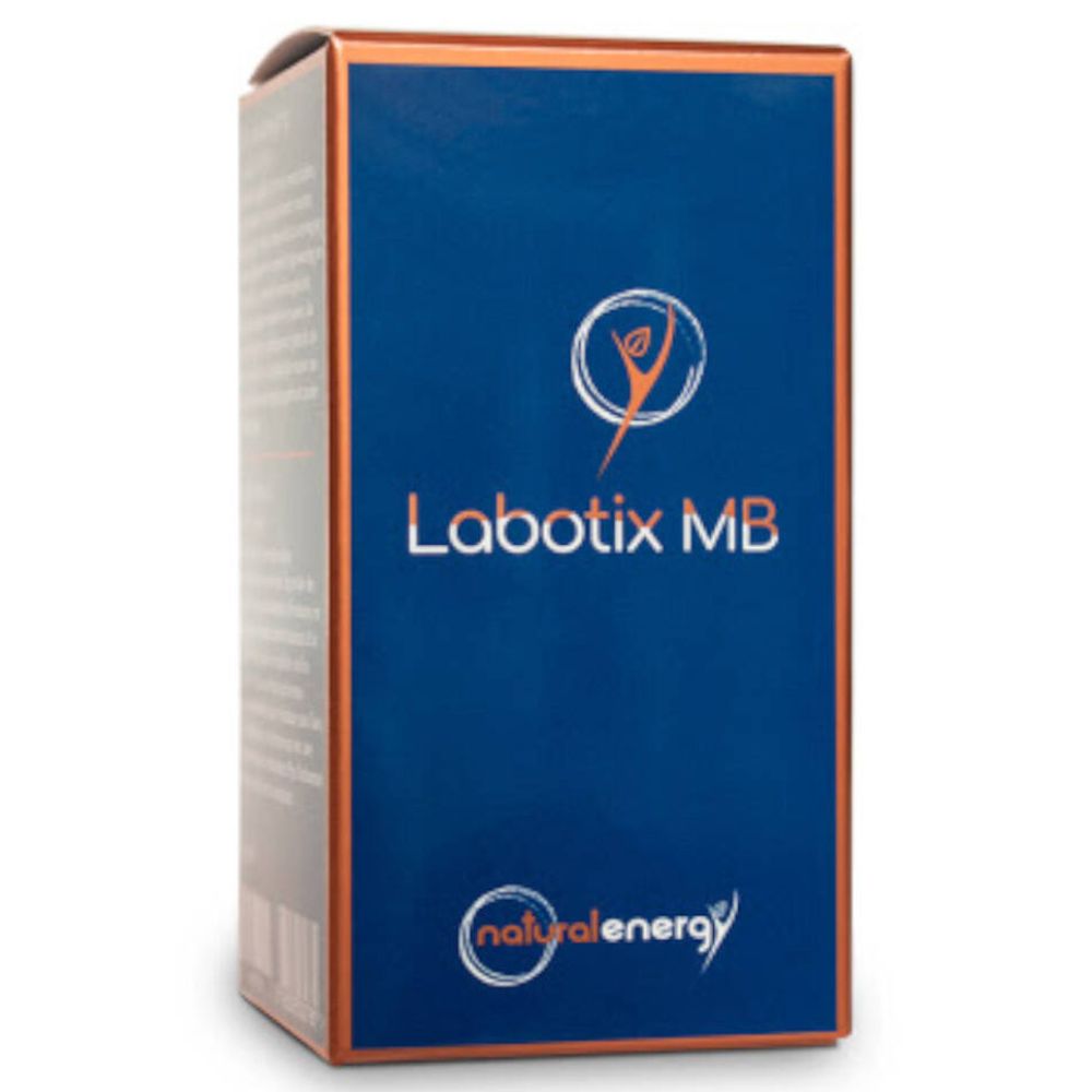 Boîte bleue et blanche avec logo Labotix MB. Inscription : naturalenergy. Forme carrée, debout.