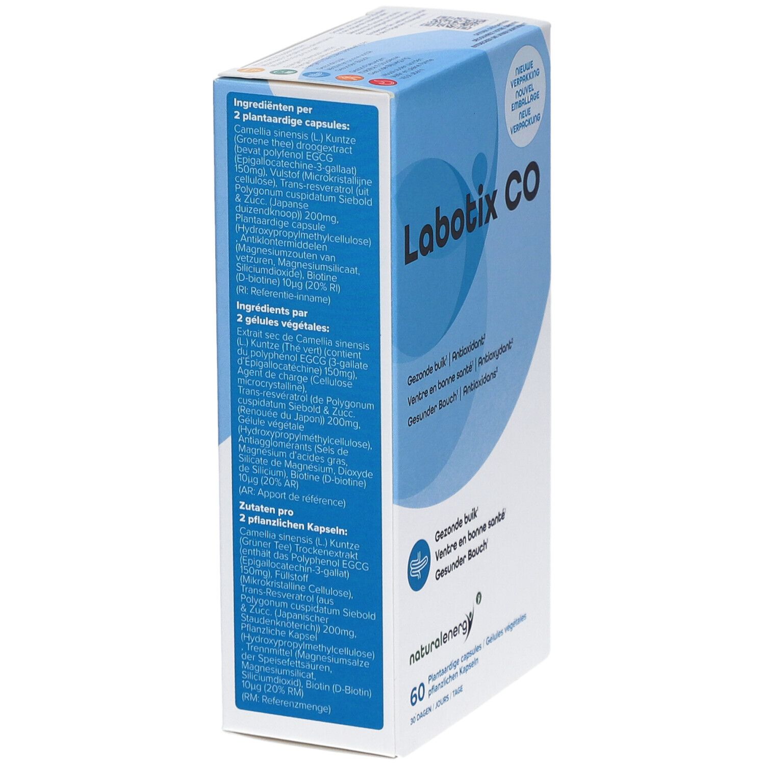 Vue latérale de la boîte "Labotix CO". Contient les ingrédients et les informations nutritionnelles. Texte en allemand, français, néerlandais.