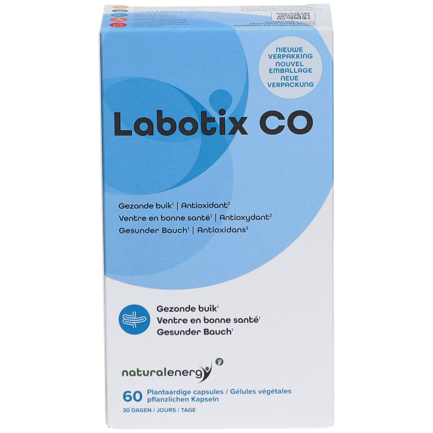 Boîte "Labotix CO". Emballage bleu et blanc. Contient 60 gélules. Texte en allemand, français, néerlandais.