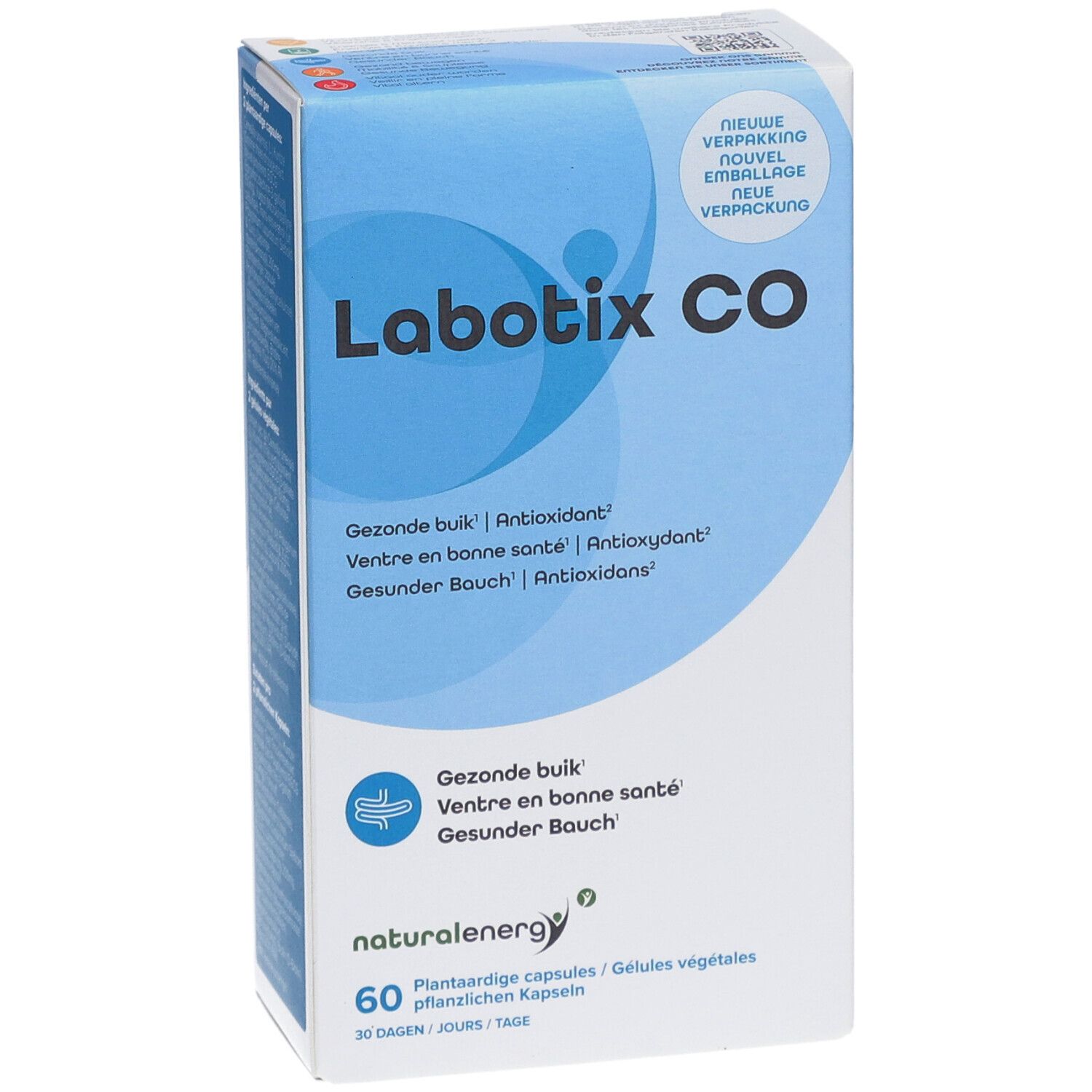 Boîte "Labotix CO". Emballage bleu et blanc. Contient 60 gélules. Texte en allemand, français, néerlandais.