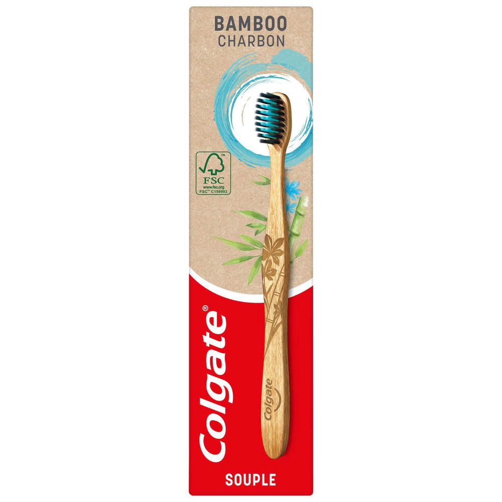 Brosse à dents Colgate en bambou. Soies vertes, manche en bambou, emballage. Texte: Bamboo Charcoal.