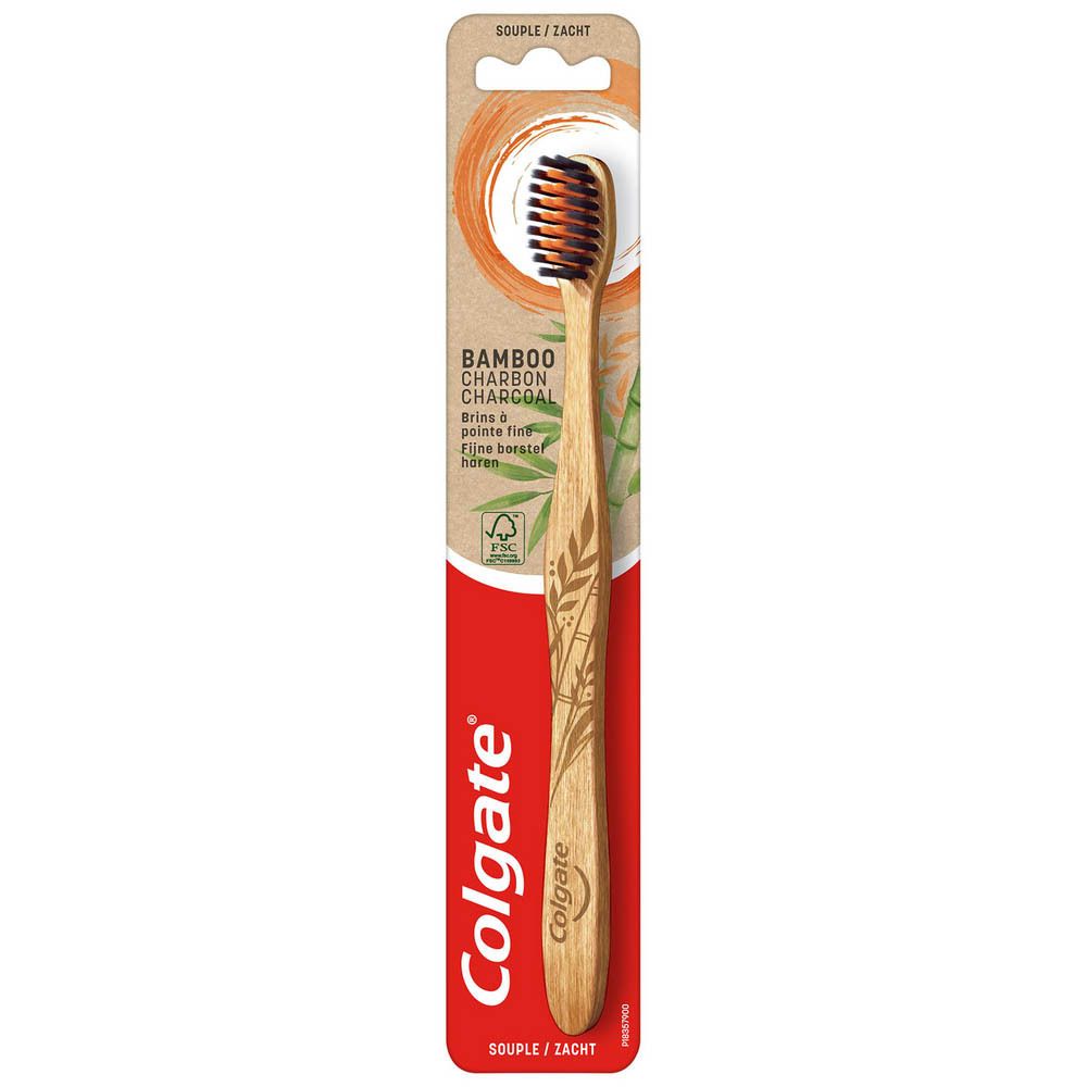Colgate bamboe tandenborstel. Groene borstelharen, bamboe handvat, verpakking. Tekst: Bamboo Charcoal.