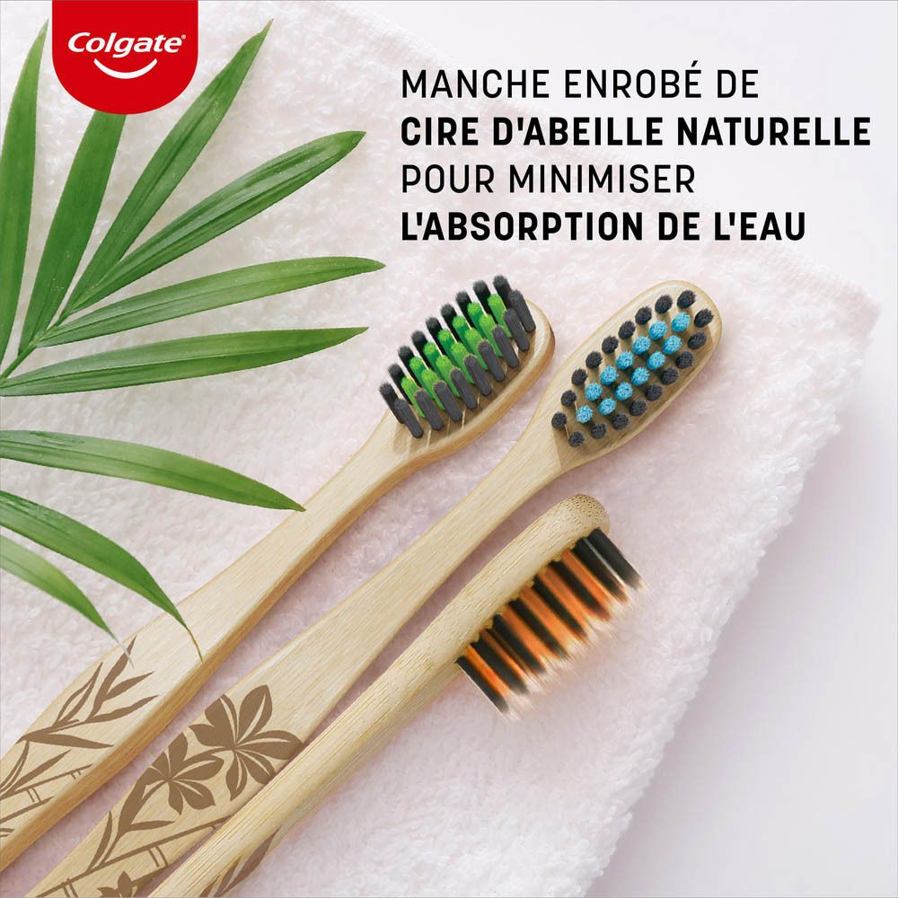 Deux brosses à dents Colgate en bambou. Soies vertes et bleues, manche en bambou. Texte: Bamboo Charcoal, pointe fine.