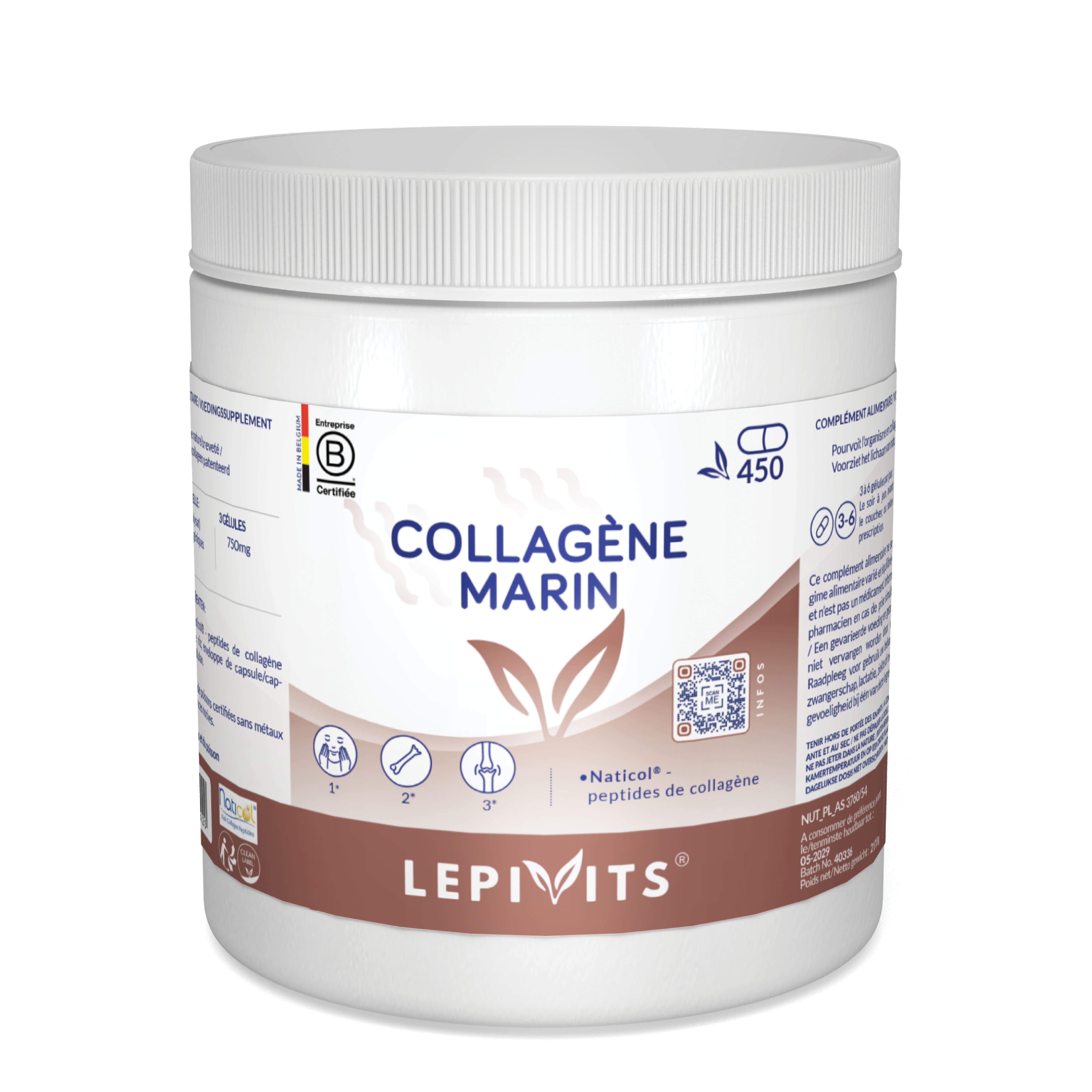 Pot blanc avec couvercle. Inscription: Collagène Marin, Lepivits. Contient 450 gélules. Peptides de collagène Naticol.