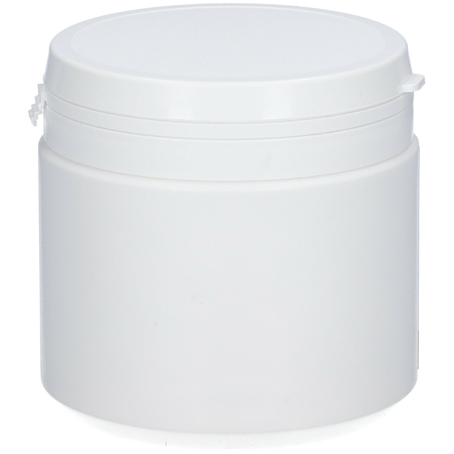 Pot cylindrique blanc avec couvercle. Aucune inscription visible.