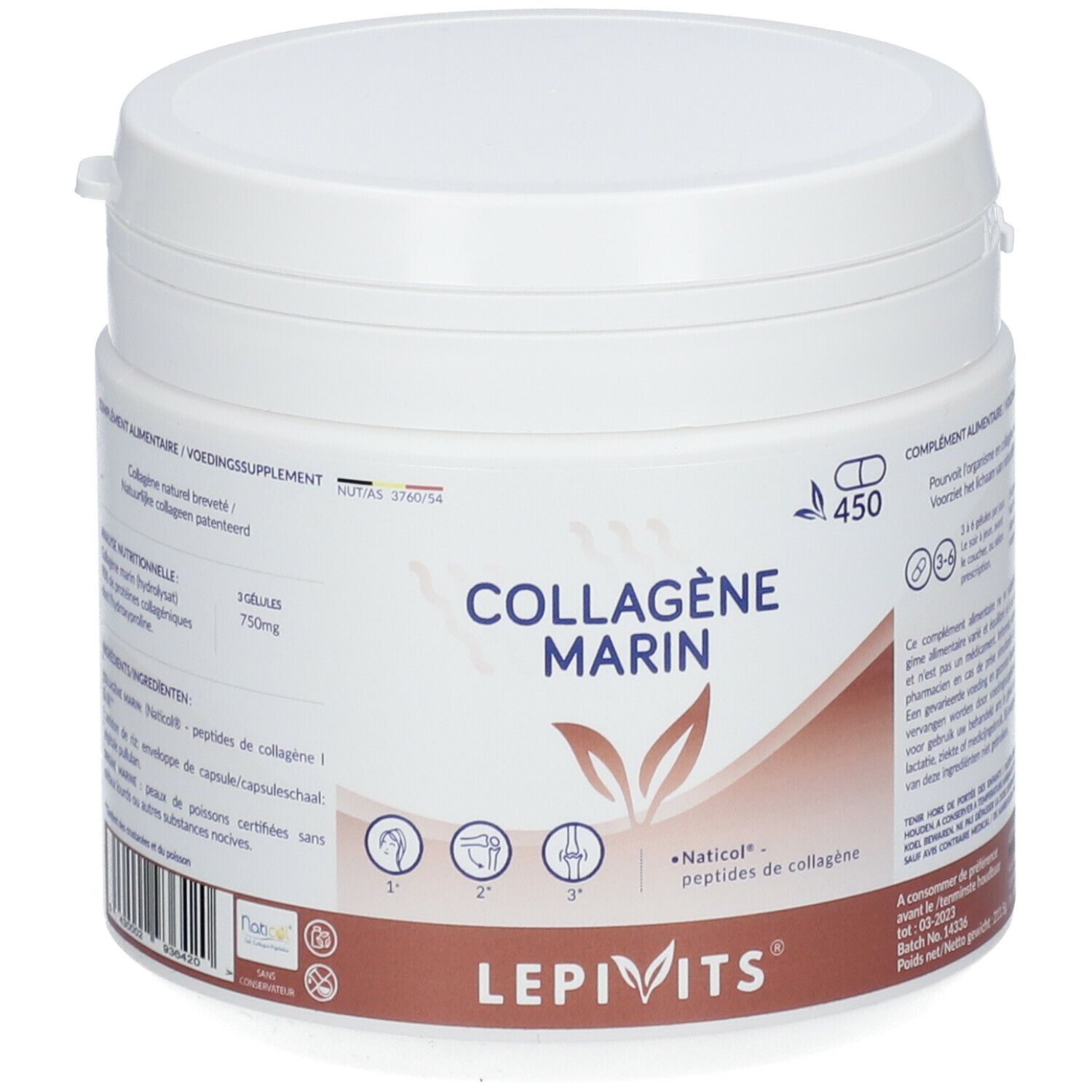 Pot blanc avec couvercle. Inscription: Collagène Marin, Lepivits. Contient 450 gélules. Peptides de collagène Naticol.