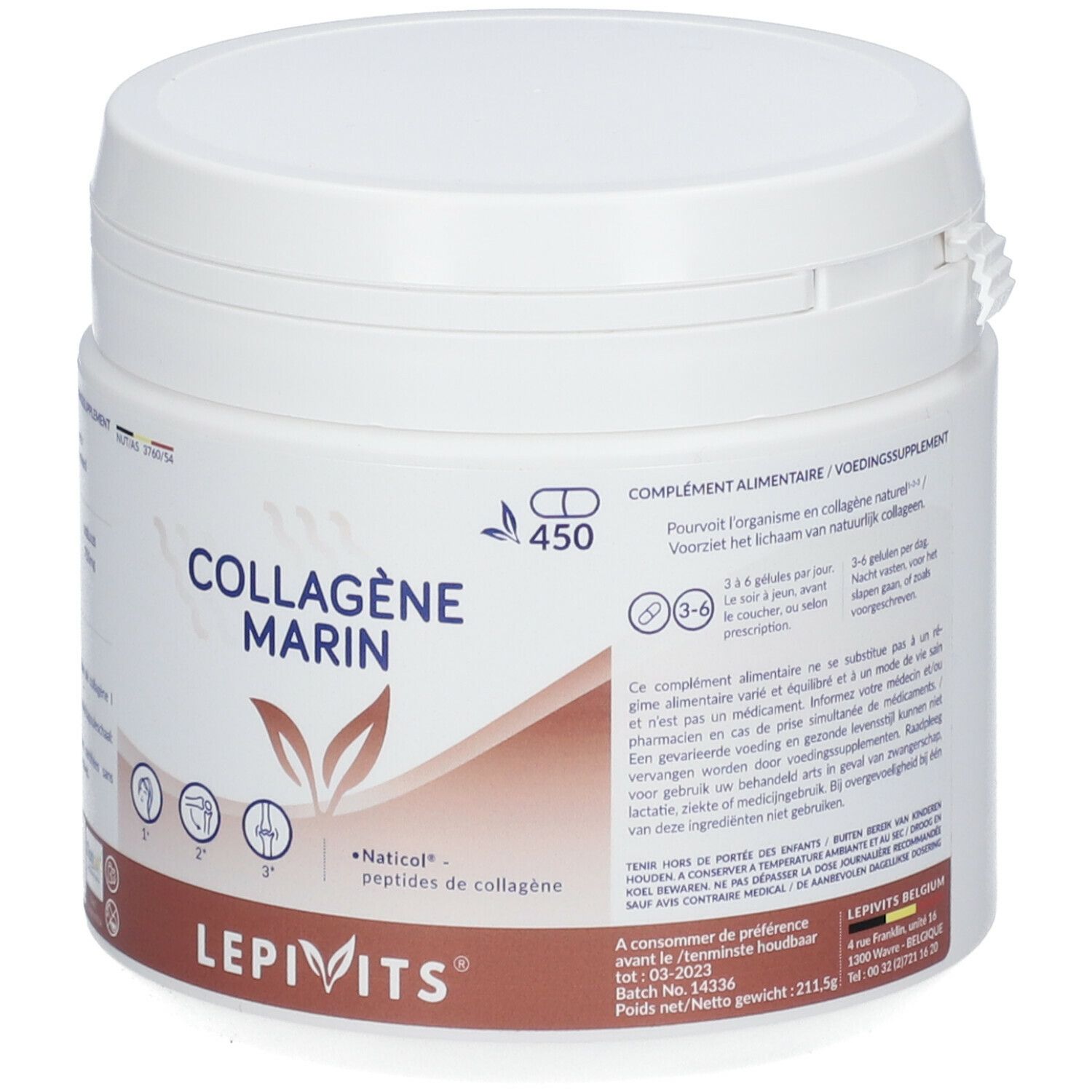Pot blanc avec couvercle. Inscription: Collagène Marin, Lepivits. Contient 450 gélules. Peptides de collagène Naticol.