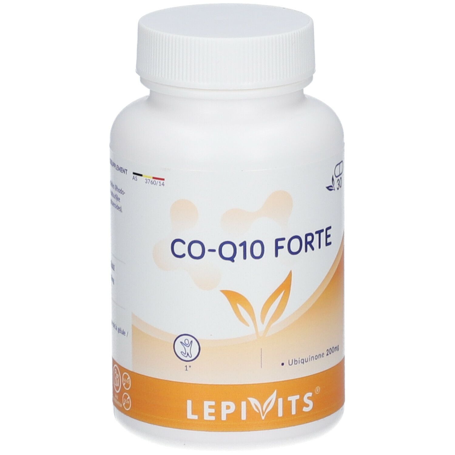 Flacon blanc de gélules. Inscription: CO-Q10 FORTE, Ubiquinone 200mg, LEPIVITS. Bande orange.