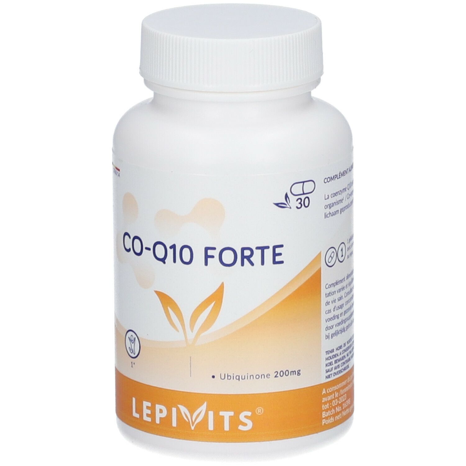 Flacon blanc de gélules. Inscription: CO-Q10 FORTE, Ubiquinone 200mg, LEPIVITS. Symbole 30 gélules.
