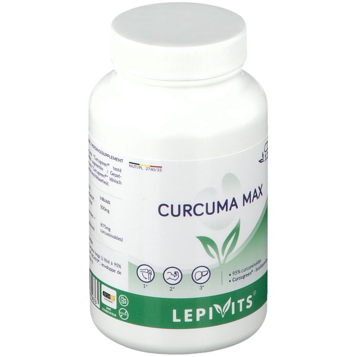 Flacon blanc avec bouchon à vis. Étiquette avec texte et accents verts. Texte: Curcuma Max, 95% curcuminoïdes, Lepivits.
