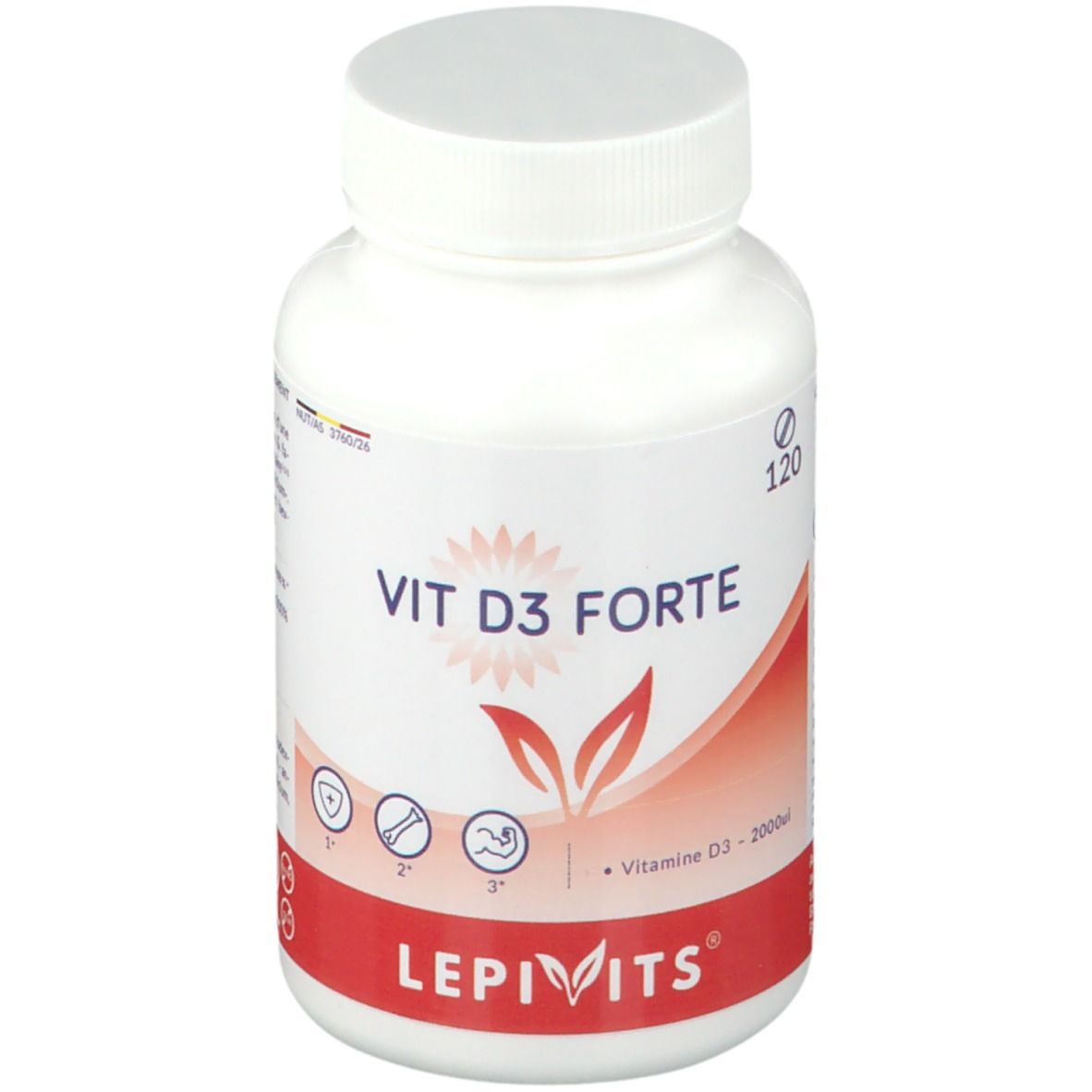 Flacon blanc avec "VIT D3 FORTE" et "LEPIVITS". Bande rouge en bas. Contient 120 comprimés.
