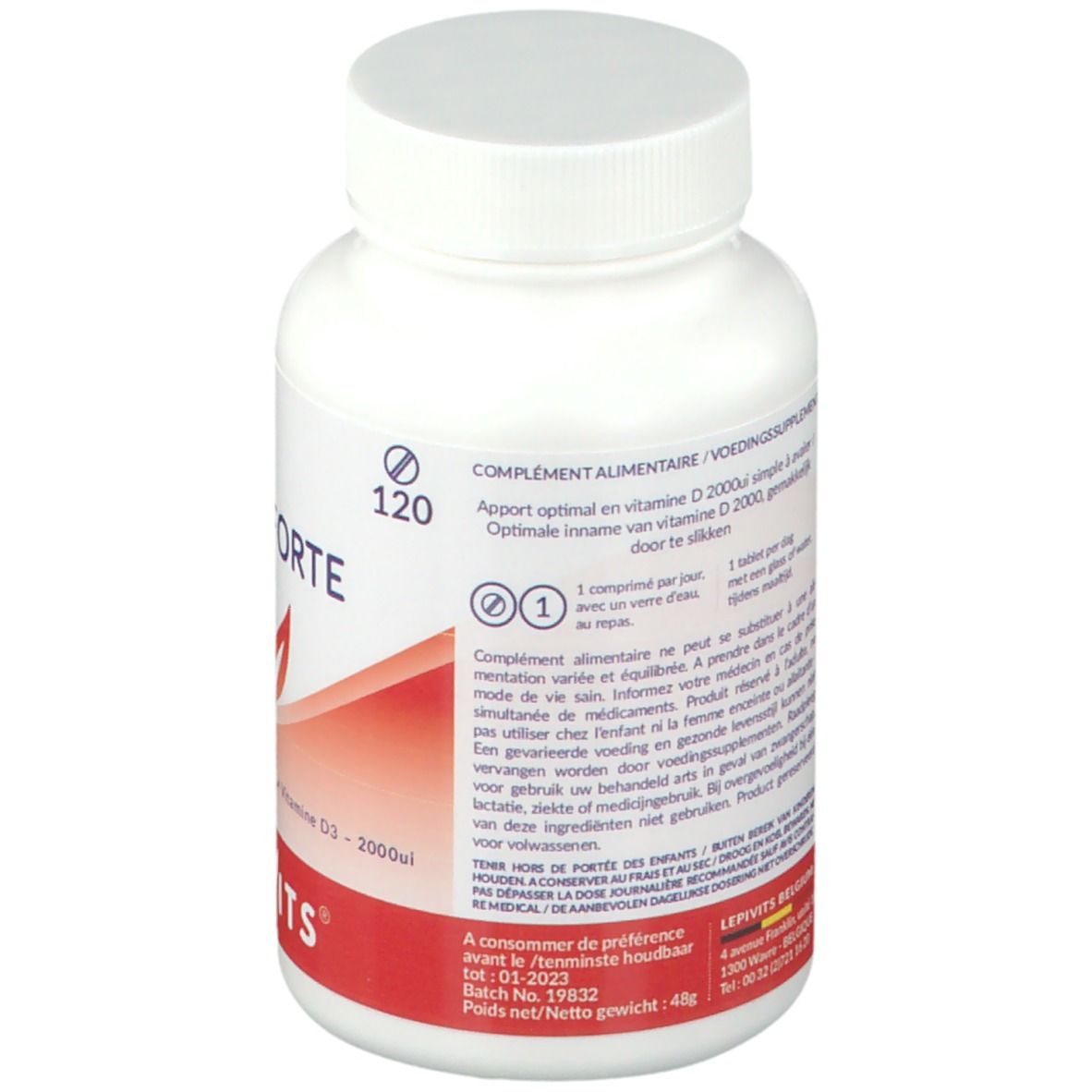 Dos d'un flacon blanc. Texte en allemand, français et néerlandais. "VIT D3 FORTE" et "LEPIVITS".