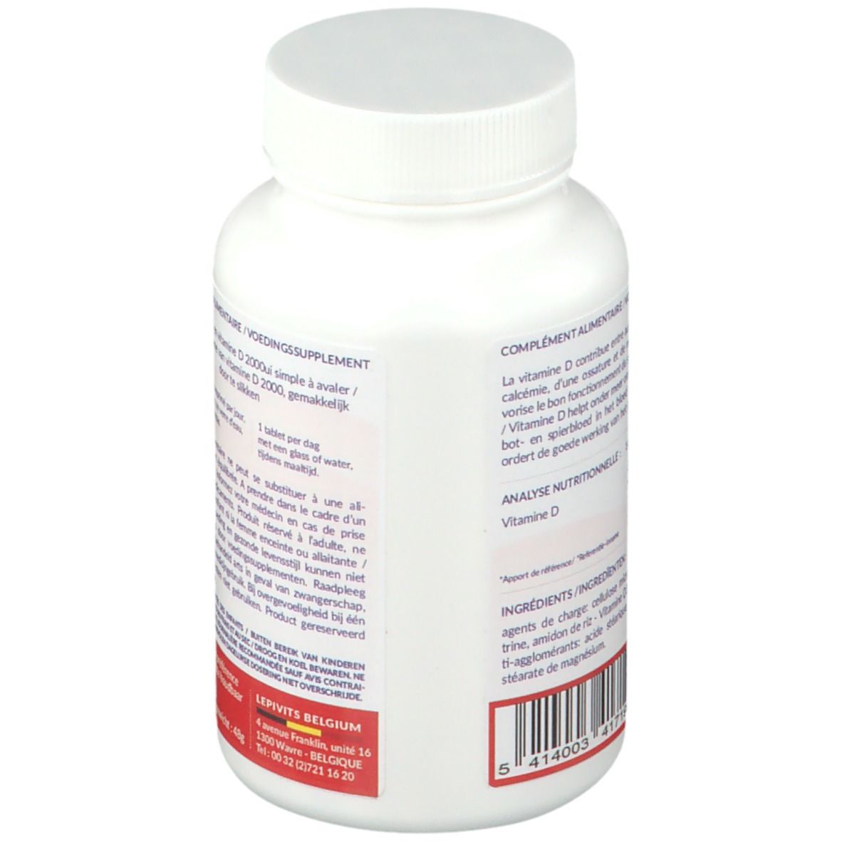 Dos d'un flacon blanc. Texte en allemand, français et néerlandais. "VIT D3 FORTE" et "LEPIVITS".