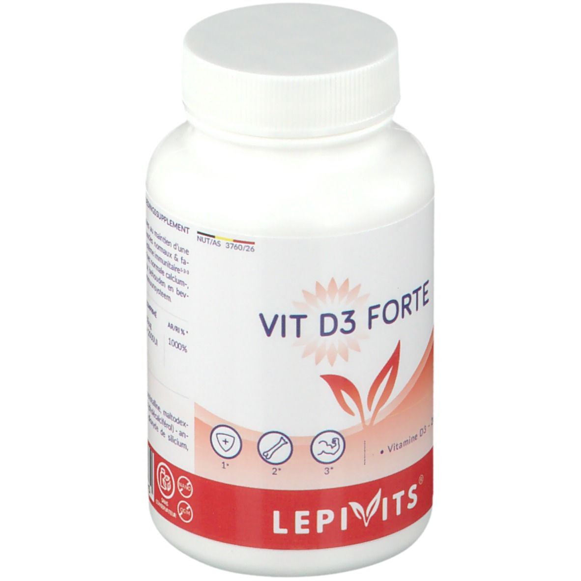Flacon blanc avec "VIT D3 FORTE" et "LEPIVITS". Bande rouge en bas. Contient 120 comprimés.