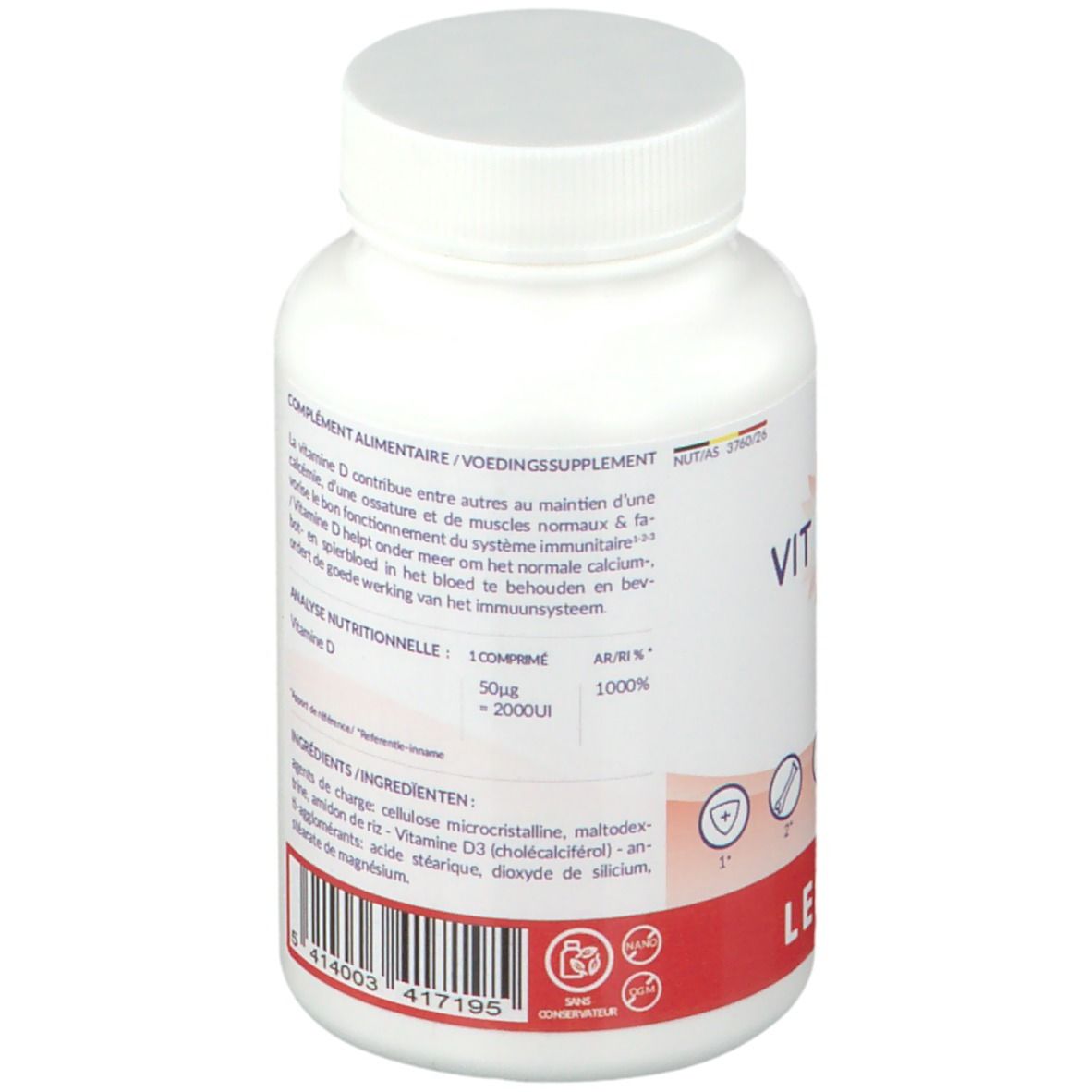 Dos d'un flacon blanc. Texte en allemand, français et néerlandais. "VIT D3 FORTE" et "LEPIVITS".