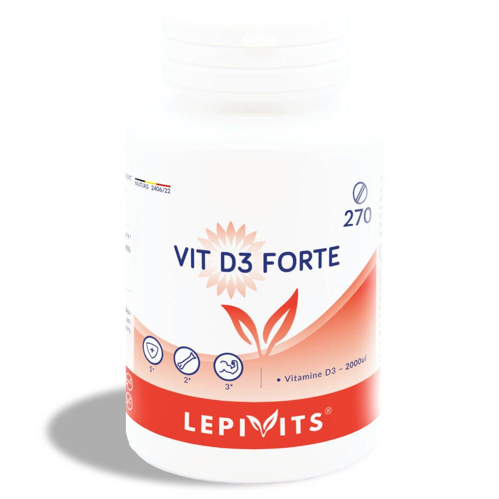 Flacon blanc avec étiquette rouge et blanche. Inscription : Vit D3 Forte, 2000UI. Marque : LEPIVITS.