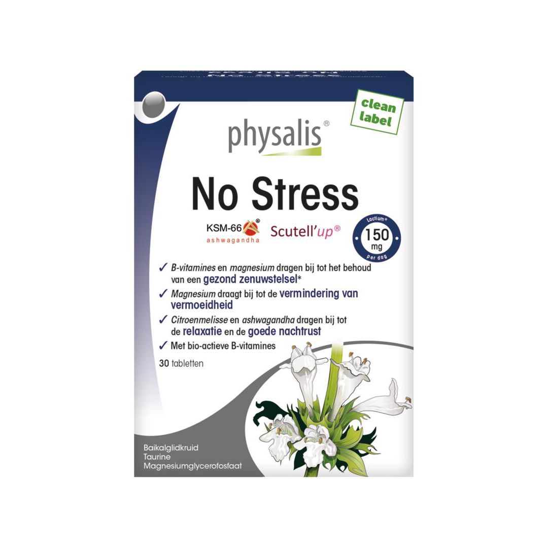 Doosje Physalis No Stress. Bevat 30 tabletten. Opschrift: 150 mg per dag. Met B-vitaminen.