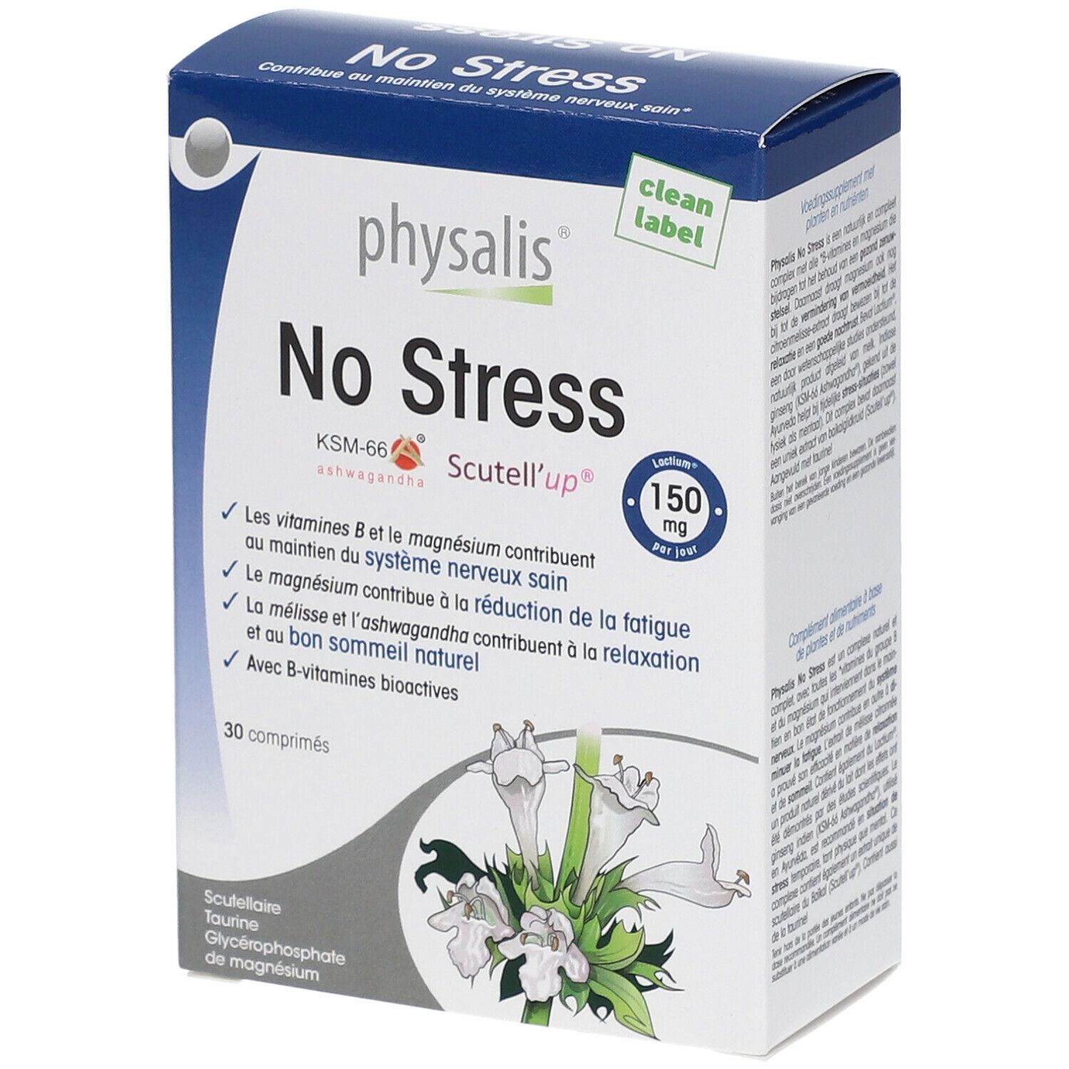 Doosje Physalis No Stress. Bevat 30 tabletten. Opschrift: 150 mg per dag. Met B-vitaminen.