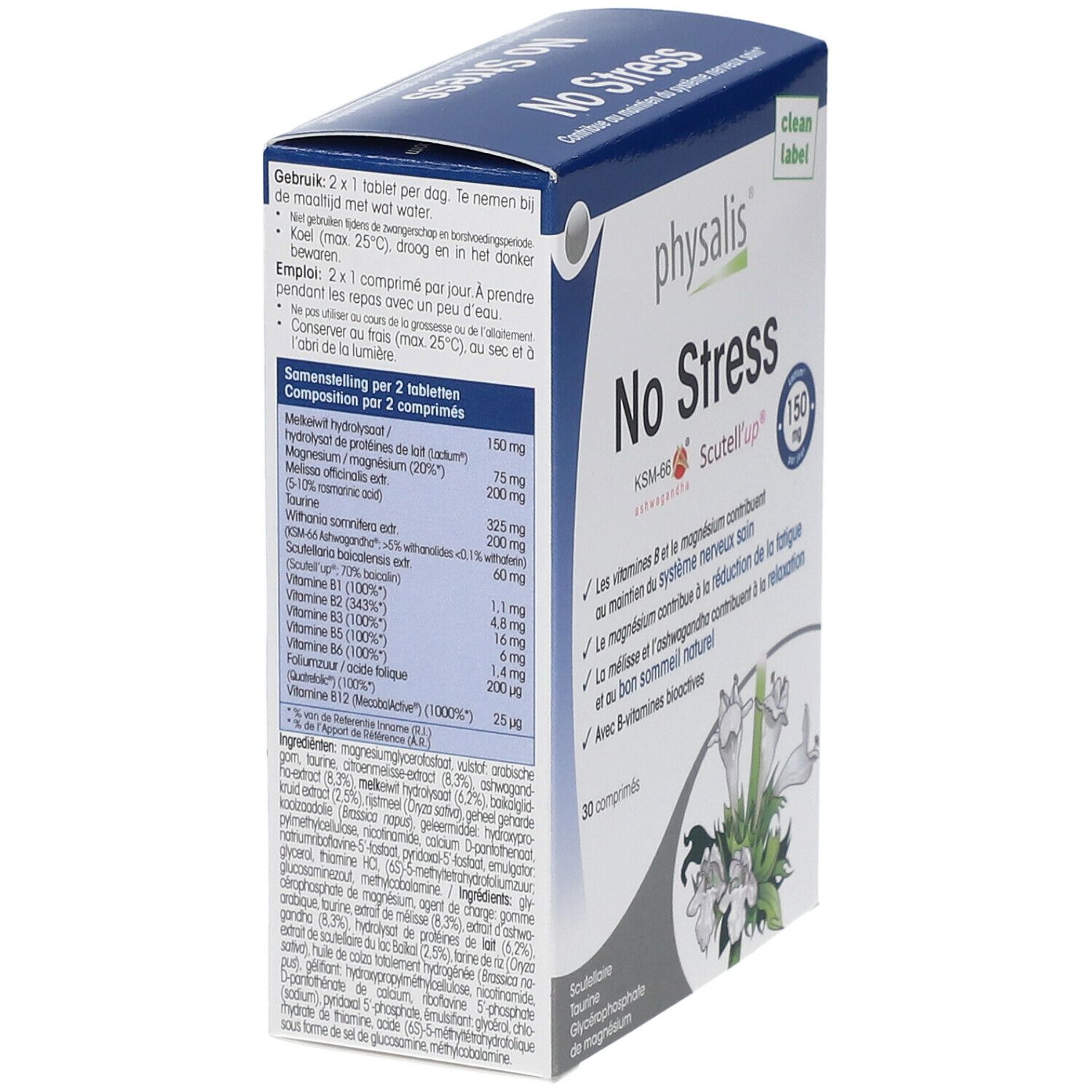 Verpakking van Physalis No Stress. Bevat 30 tabletten. Opschrift: 150 mg per dag. Met B-vitaminen.