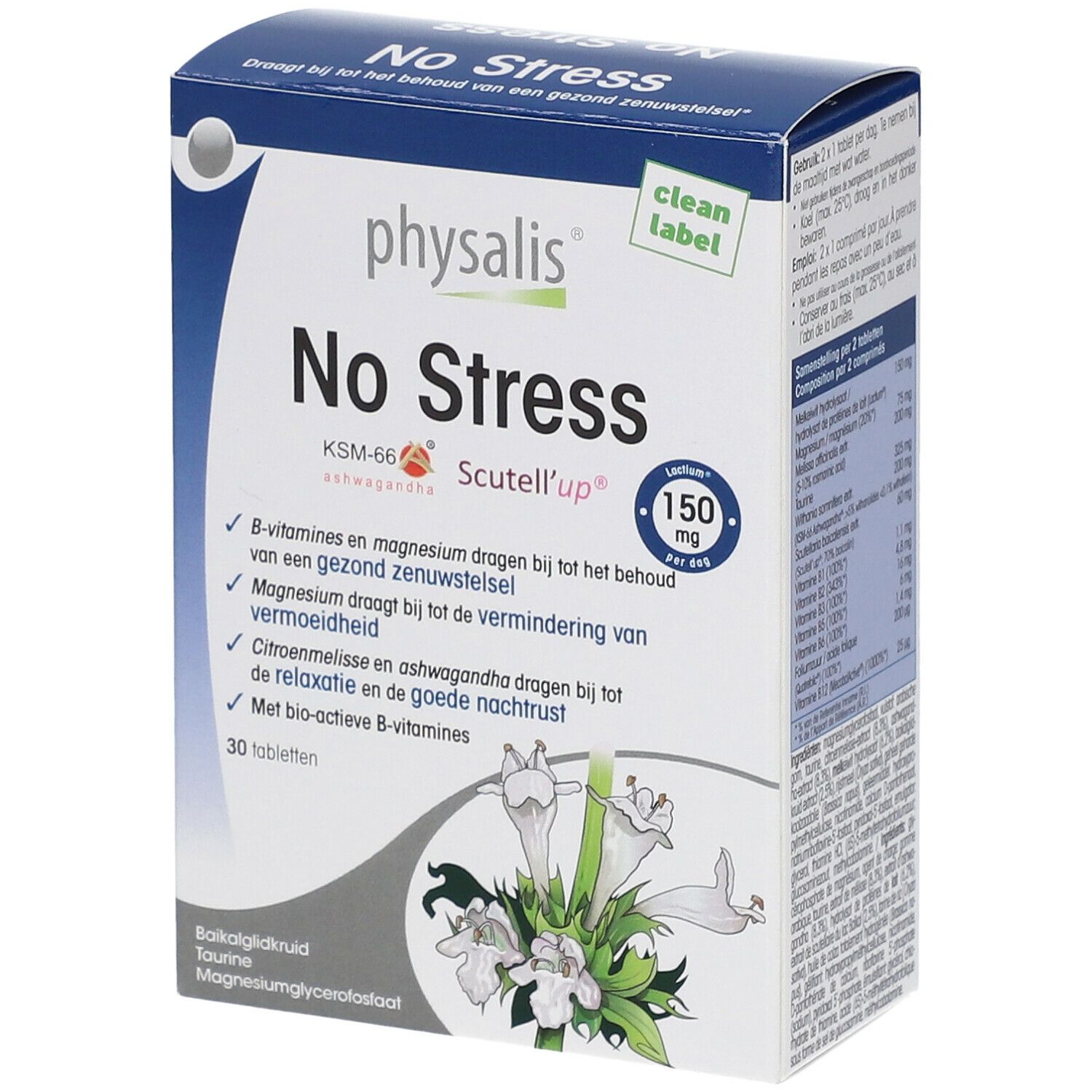 Doosje Physalis No Stress. Bevat 30 tabletten. Opschrift: 150 mg per dag. Met B-vitaminen.