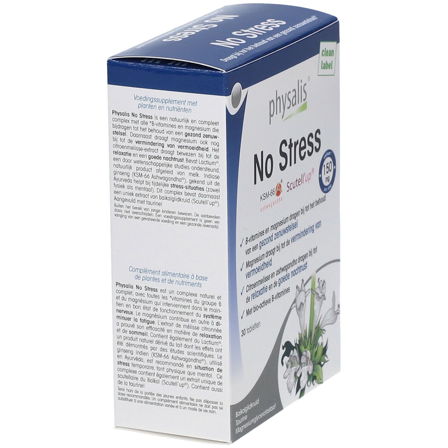 Verpakking van Physalis No Stress. Bevat 30 tabletten. Opschrift: 150 mg per dag. Met B-vitaminen.