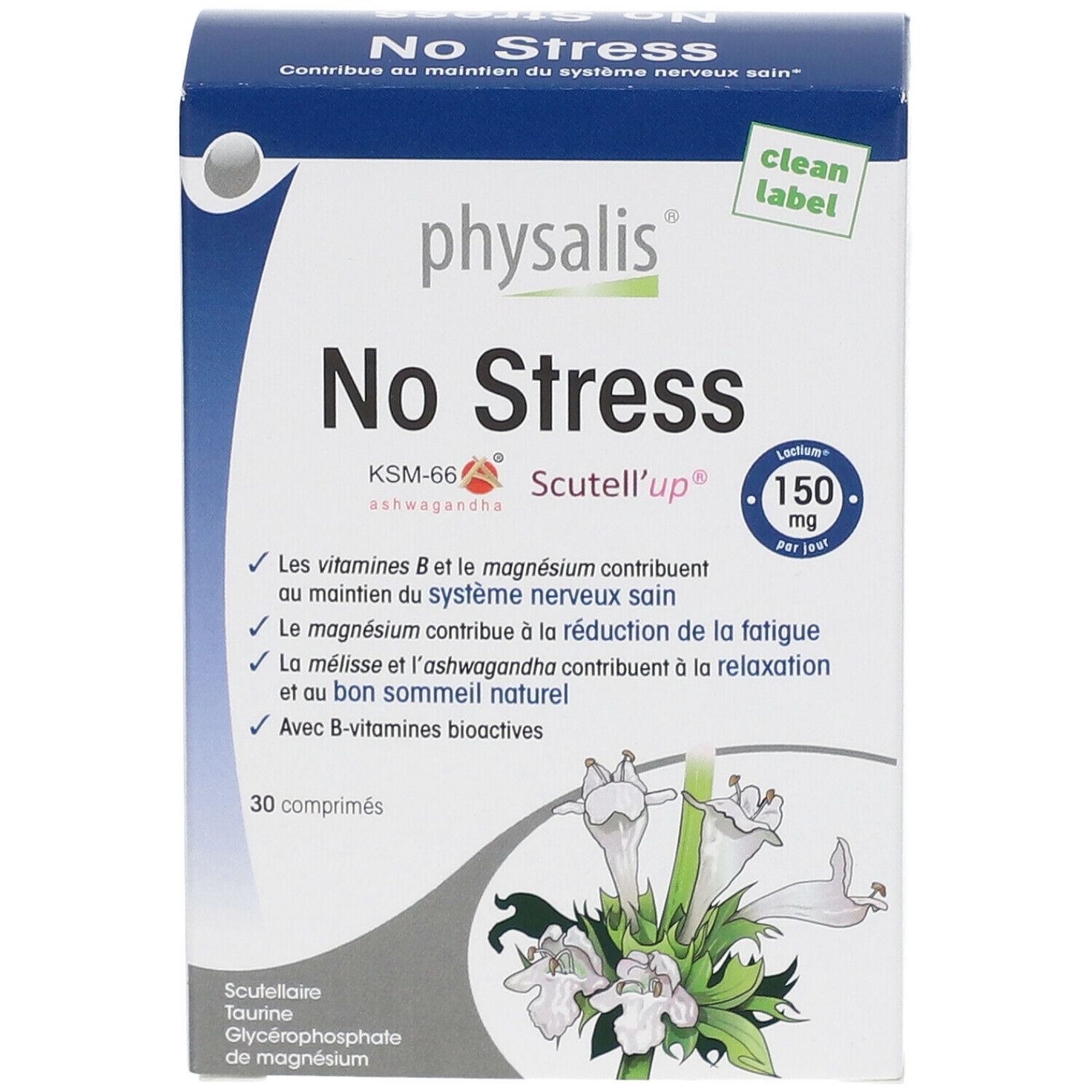 Doosje Physalis No Stress. Bevat 30 tabletten. Opschrift: 150 mg per dag. Met B-vitaminen.