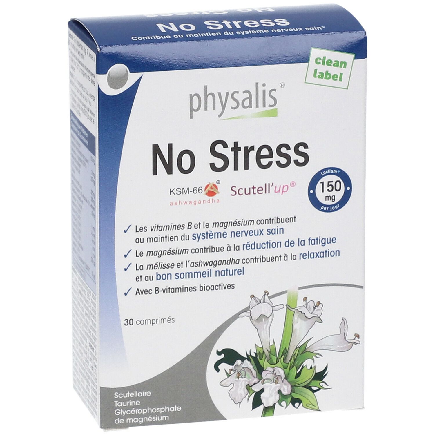 Doosje Physalis No Stress. Bevat 30 tabletten. Opschrift: 150 mg per dag. Met B-vitaminen.