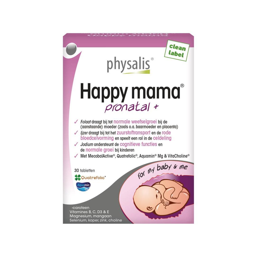 Verpakking van Physalis Happy Mama Pronatal. Roze-witte doos met productnaam en details. Illustratie van een baby.