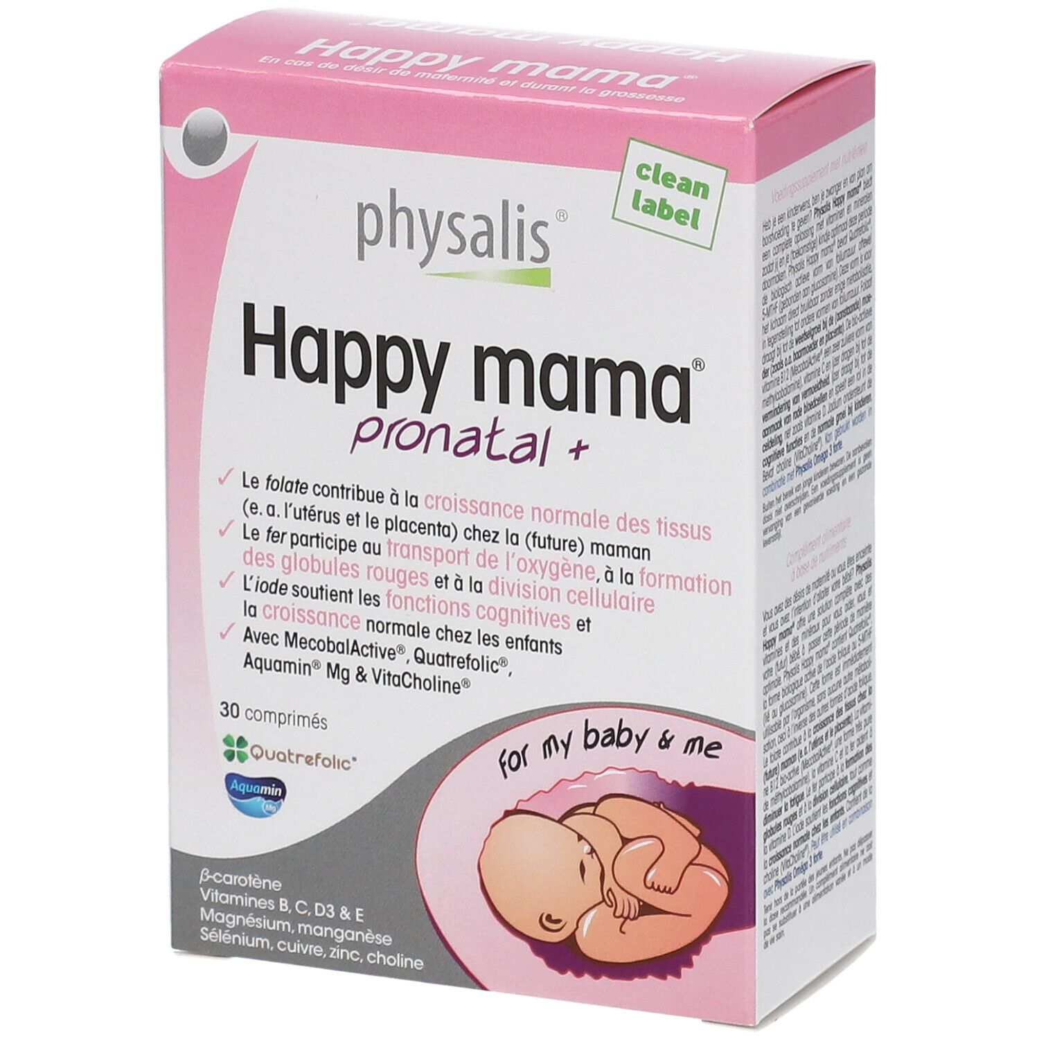 Verpakking van Physalis Happy Mama Pronatal. Roze-witte doos met productnaam en details. Illustratie van een baby.