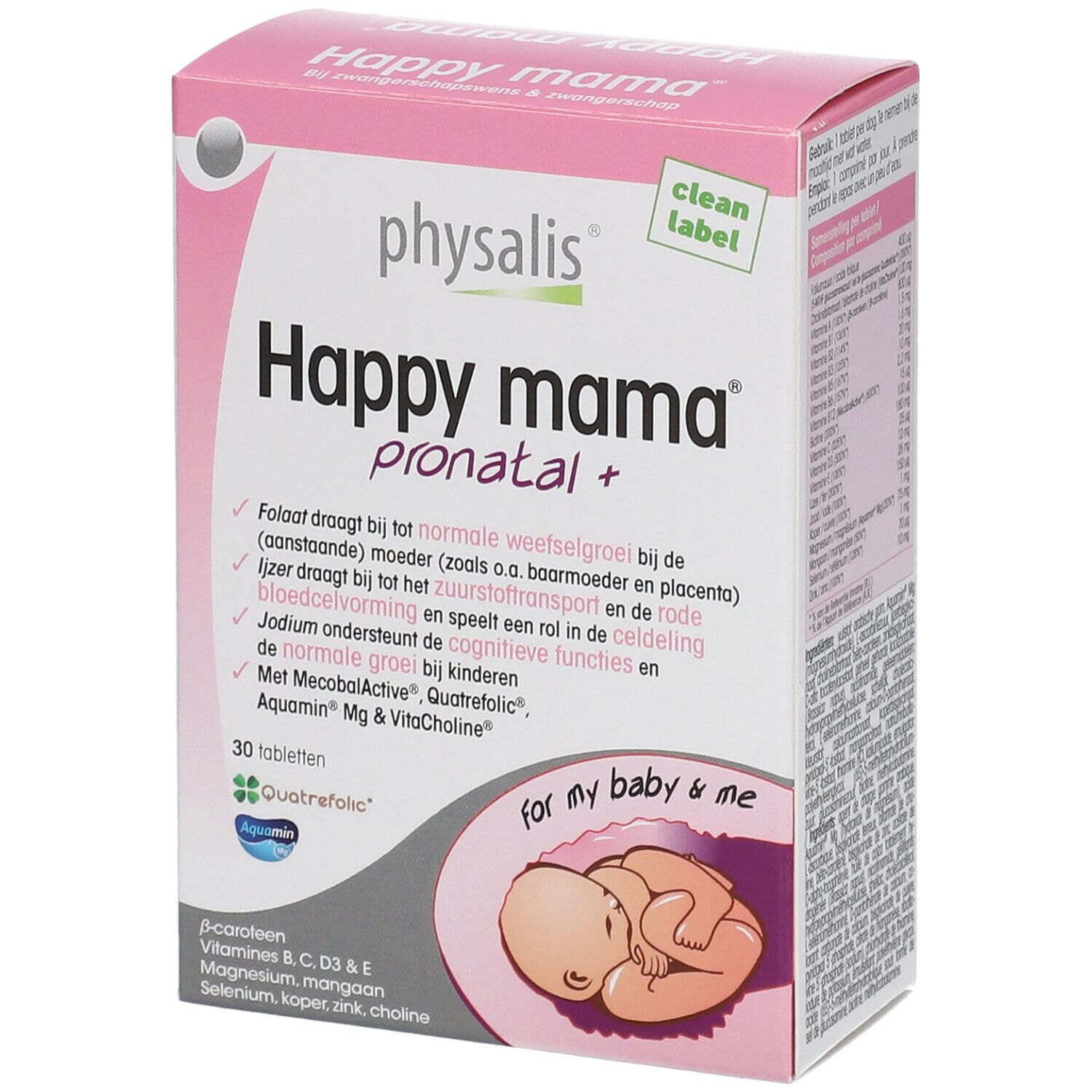 Verpakking van Physalis Happy Mama Pronatal. Roze-witte doos met productnaam en details. Illustratie van een baby.