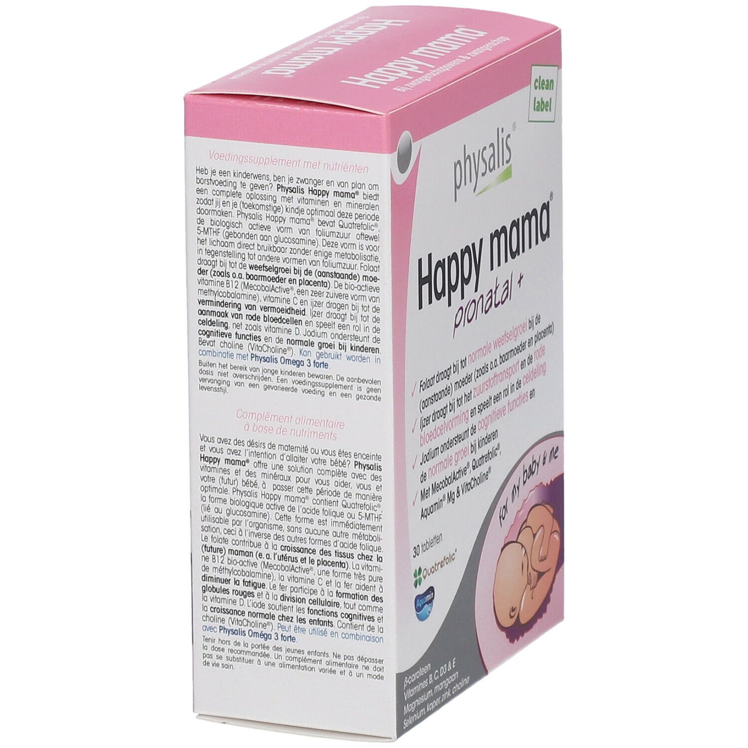 Verpakking van Physalis Happy Mama Pronatal. Roze-witte doos met productnaam en details. Illustratie van een baby.