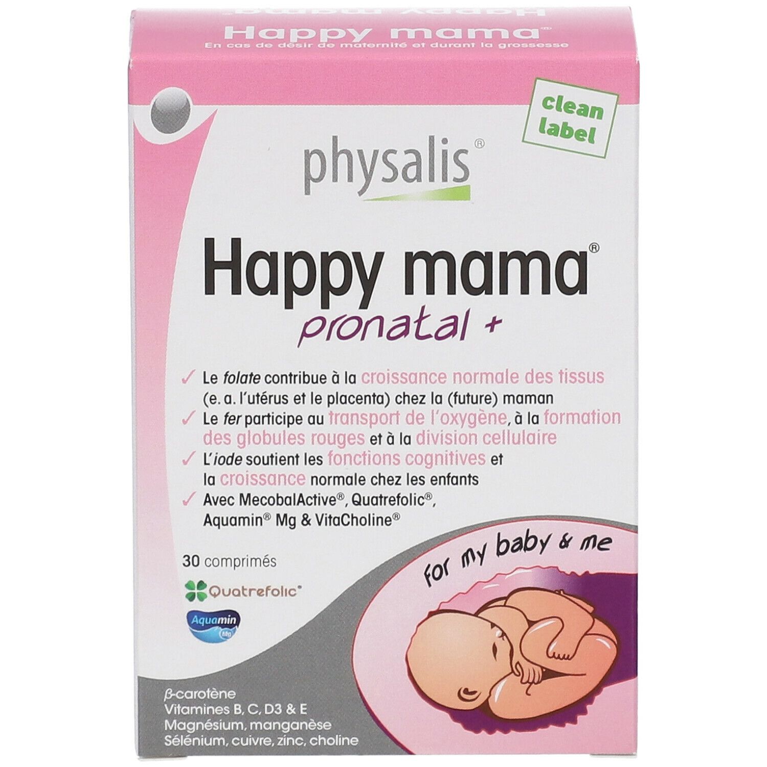 Verpakking van Physalis Happy Mama Pronatal. Roze-witte doos met productnaam en details. Illustratie van een baby.