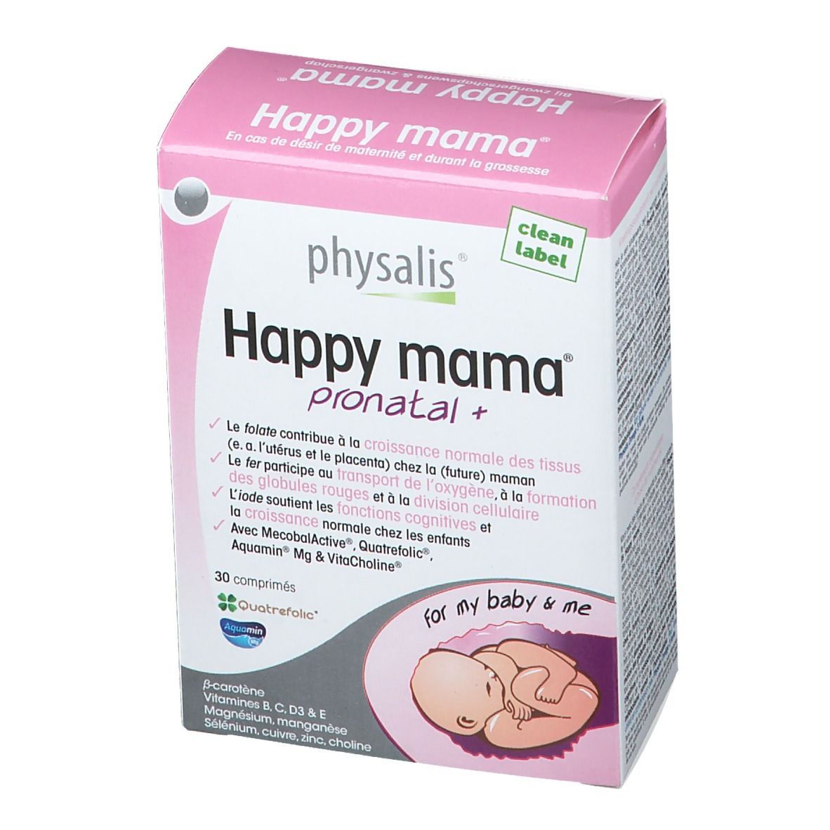 Verpakking van Physalis Happy Mama Pronatal. Roze-witte doos met productnaam en details. Illustratie van een baby.