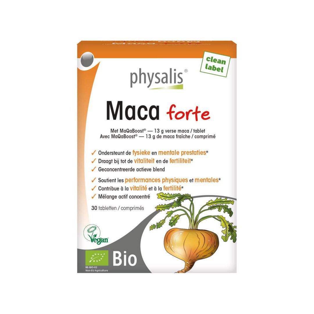 Boîte physalis® Maca Forte. Boîte orange et blanche avec nom du produit et label Bio. Contient 30 comprimés.