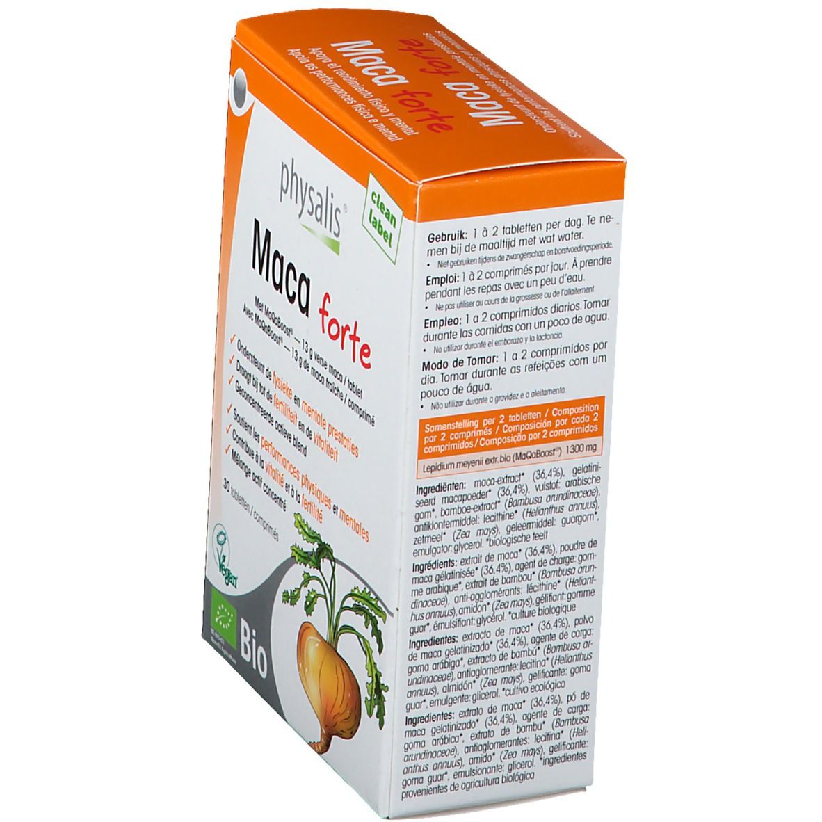 Boîte physalis® Maca Forte, vue latérale. Informations produit et ingrédients. Label Bio et 30 comprimés.