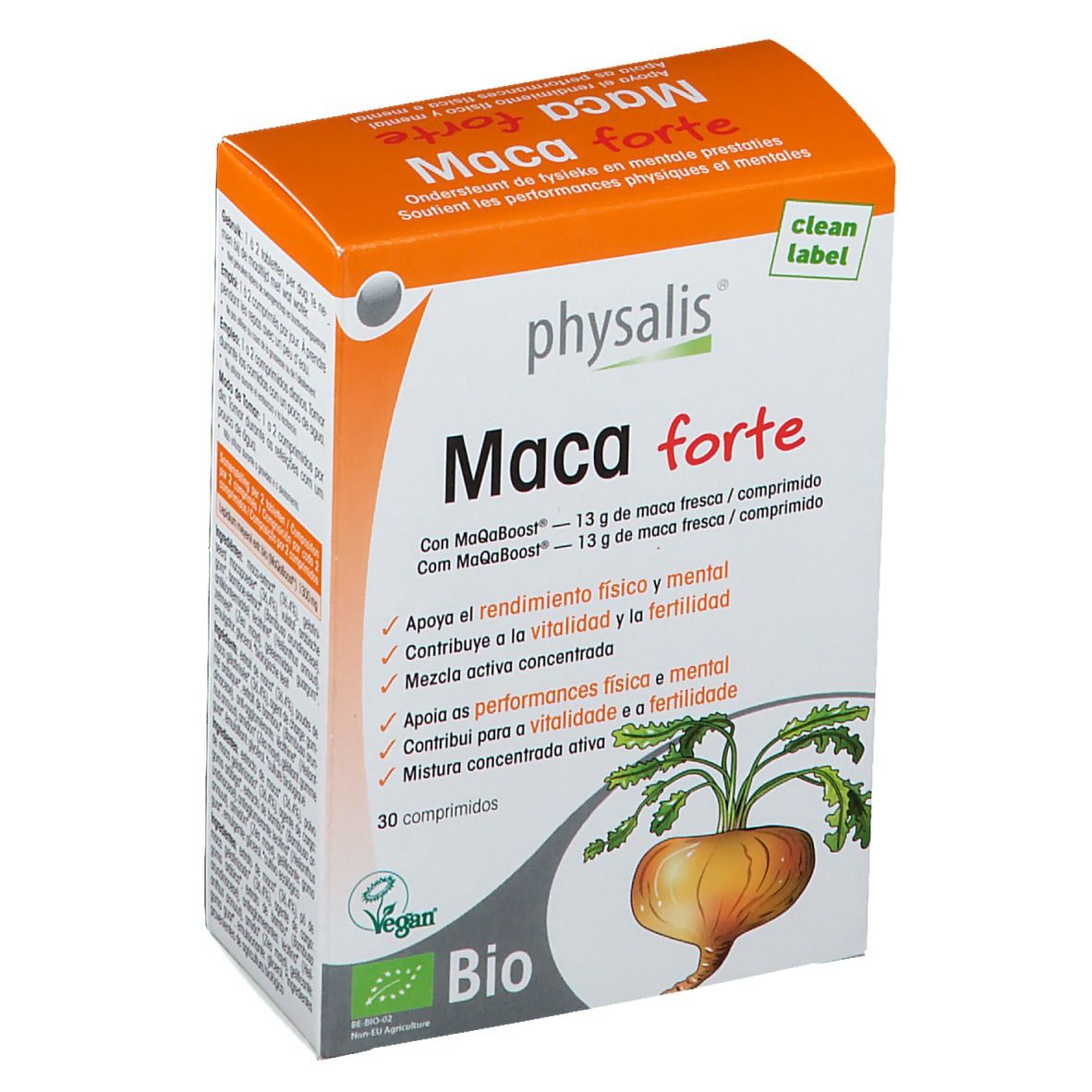 Boîte physalis® Maca Forte. Boîte orange et blanche avec nom du produit et label Bio. Contient 30 comprimés.