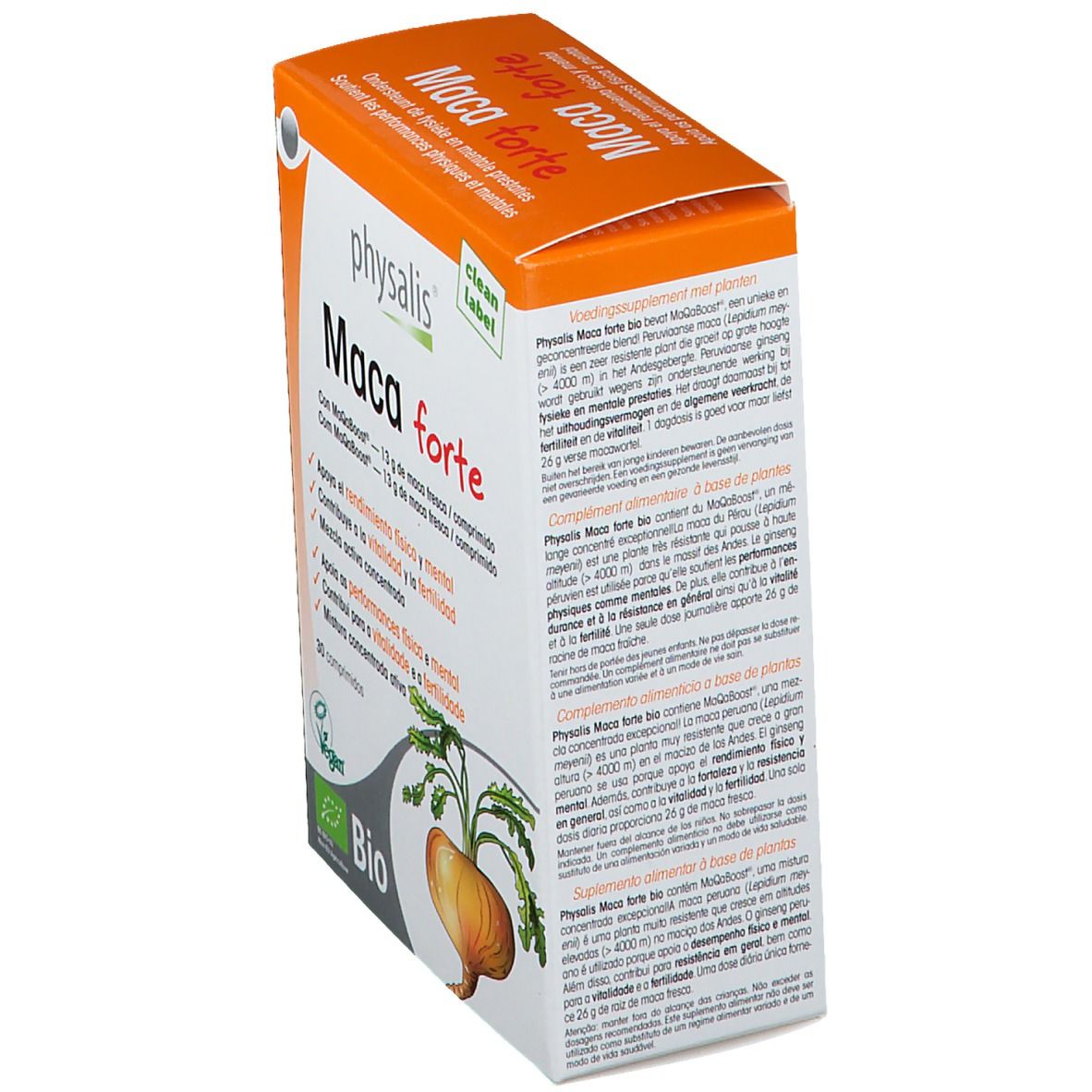 Boîte physalis® Maca Forte, vue latérale. Informations produit. Label Bio et 30 comprimés.