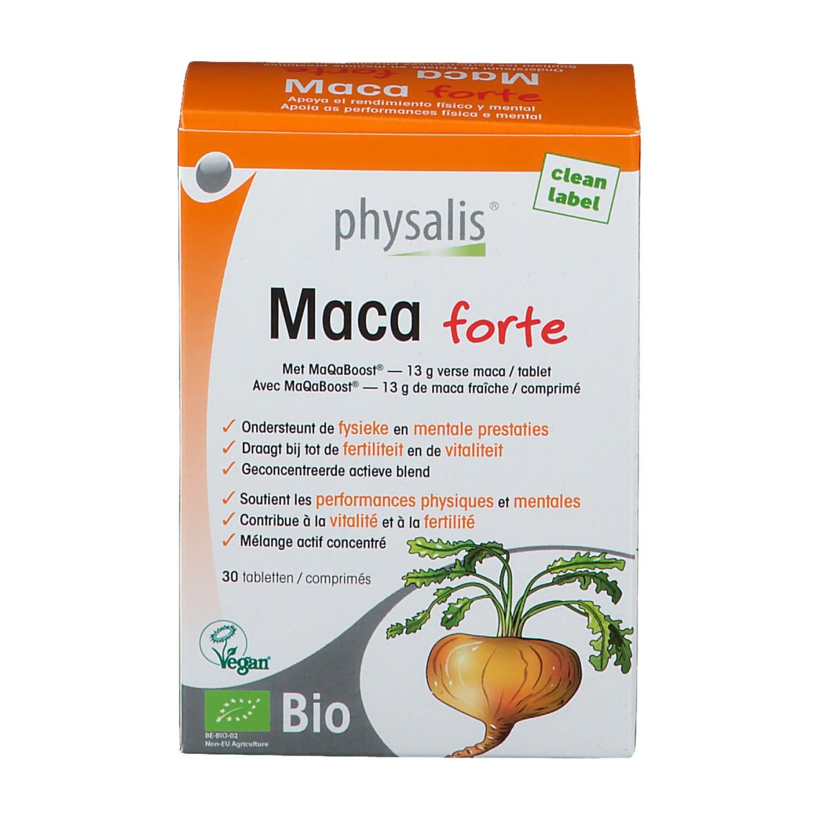 Boîte physalis® Maca Forte. Boîte orange et blanche avec nom du produit et label Bio. Contient 30 comprimés.