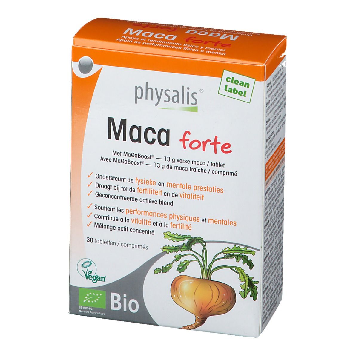 Boîte physalis® Maca Forte. Boîte orange et blanche avec nom du produit et label Bio. Contient 30 comprimés.