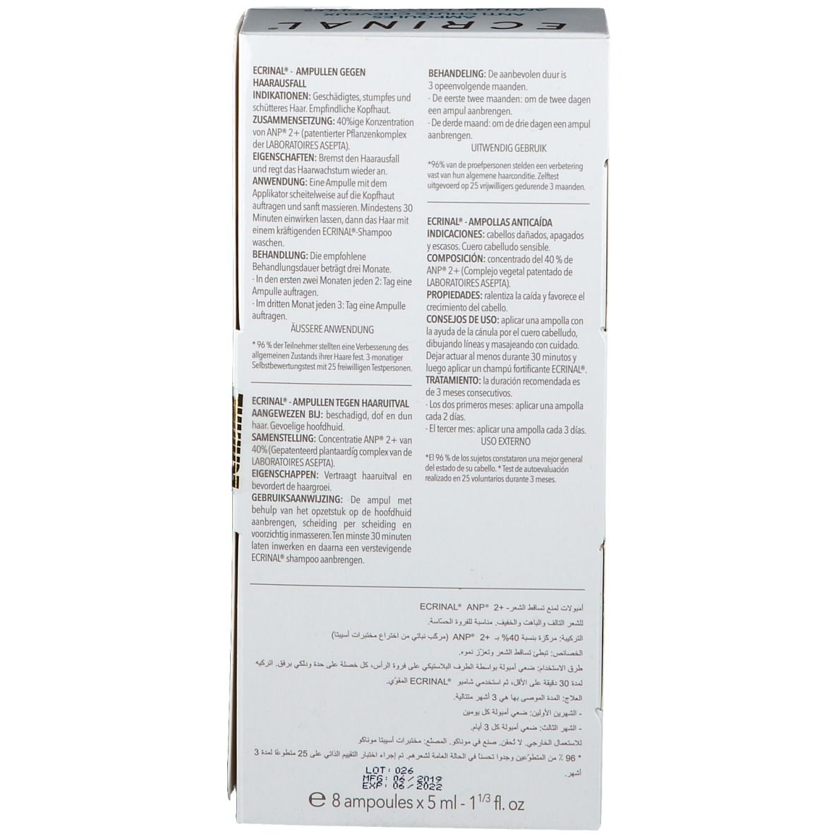 Boîte d'ampoules ECRINAL. Texte: Ampoules contre la chute de cheveux. Contient 8 ampoules.