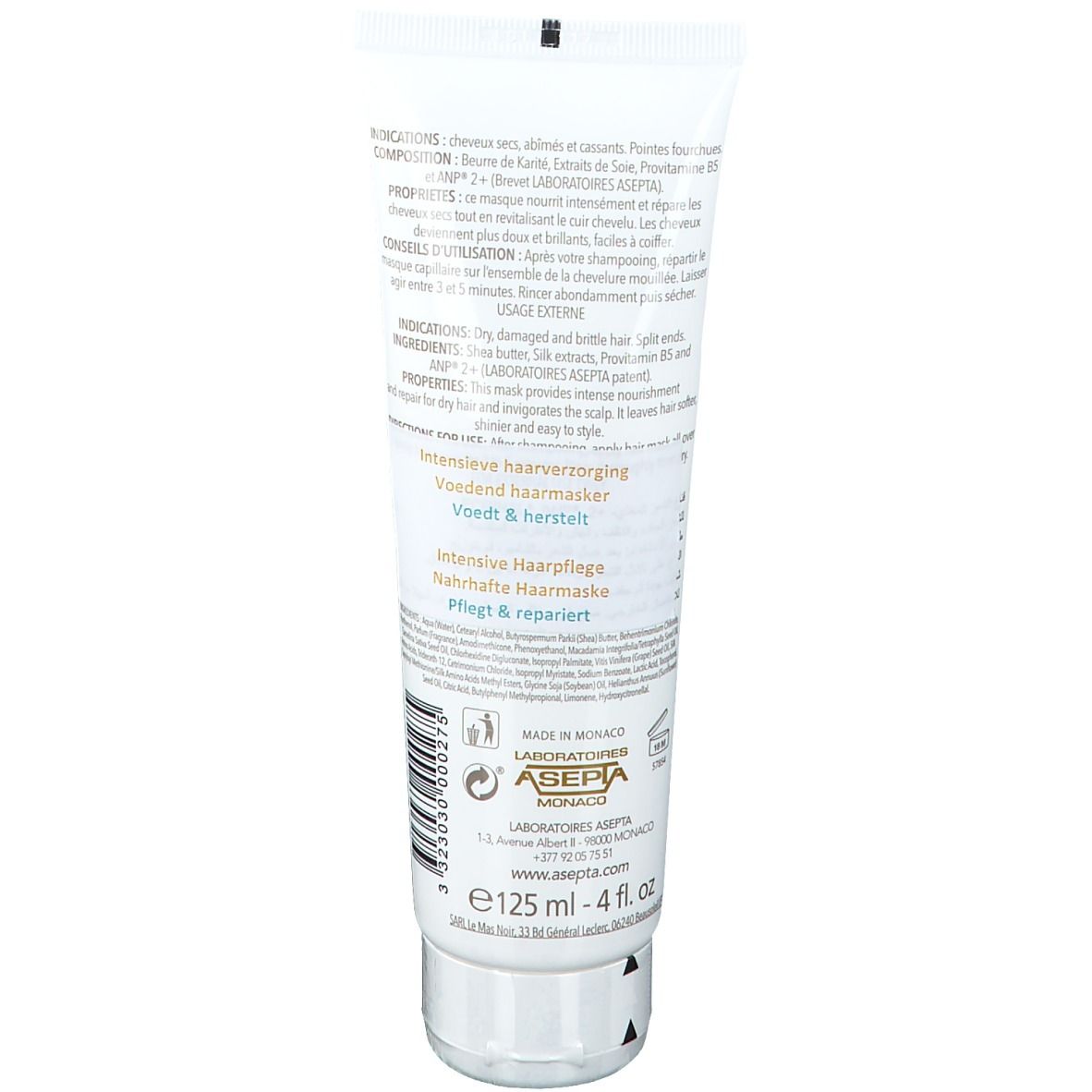 Dos du masque capillaire ECRINAL® ANP® 2. Tube blanche avec texte. Informations sur les ingrédients, l'utilisation et le fabricant. Volume: 125 ml.