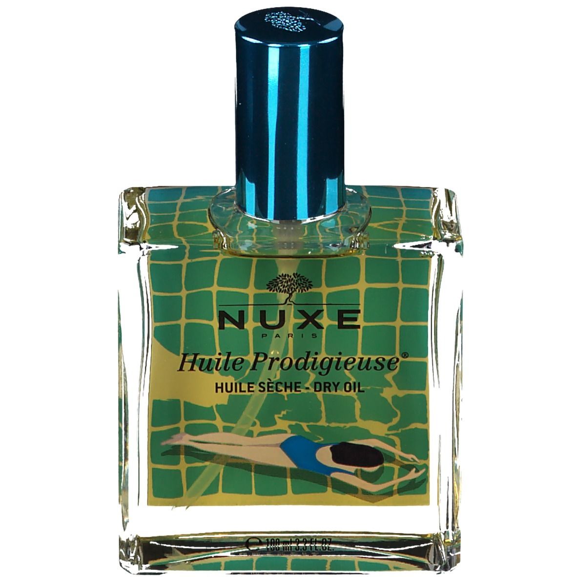 Flacon en verre avec bouchon bleu. Étiquette avec logo Nuxe, nom du produit et illustration d'une personne dans une piscine.