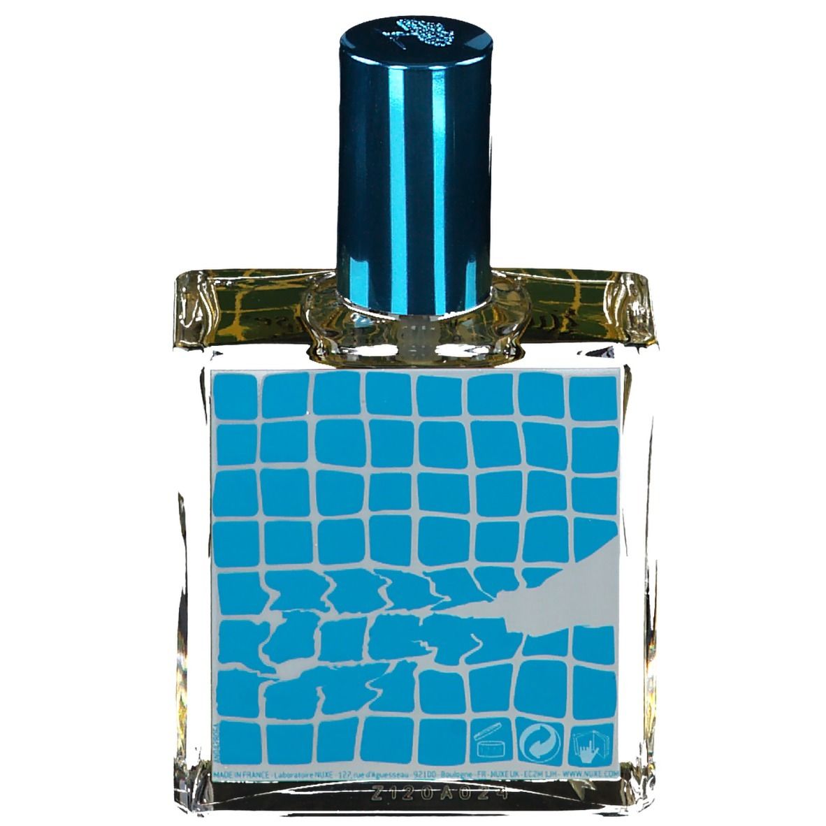 Flacon en verre avec bouchon bleu. Étiquette avec motif de carreaux bleus et informations sur le produit.