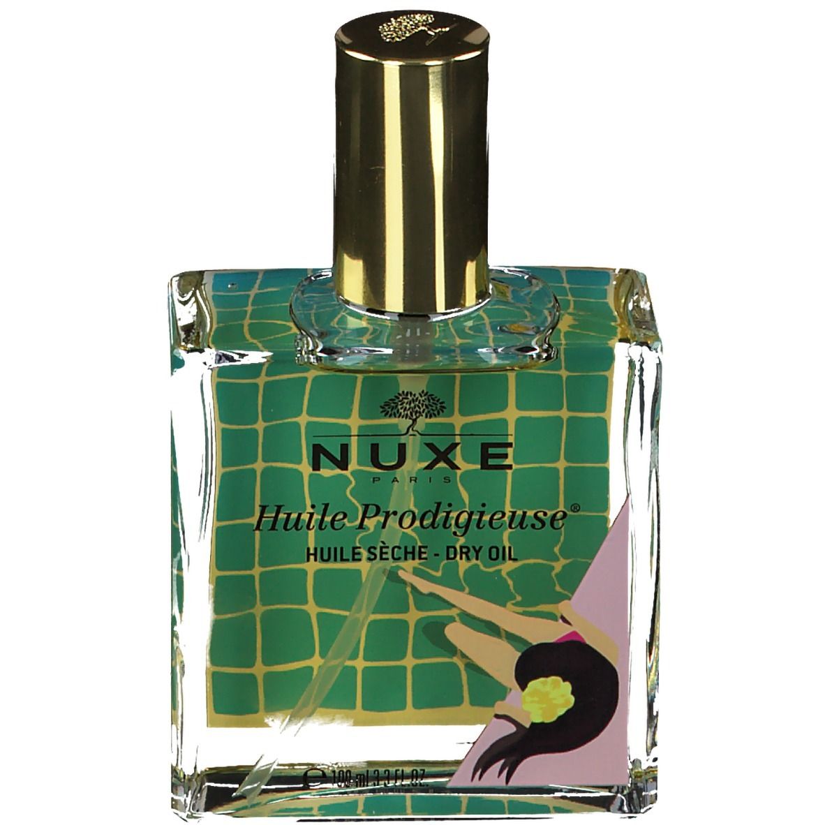 Glazen fles met gouden dop. Etiket met groen patroon en opschrift Nuxe Huile Prodigieuse.
