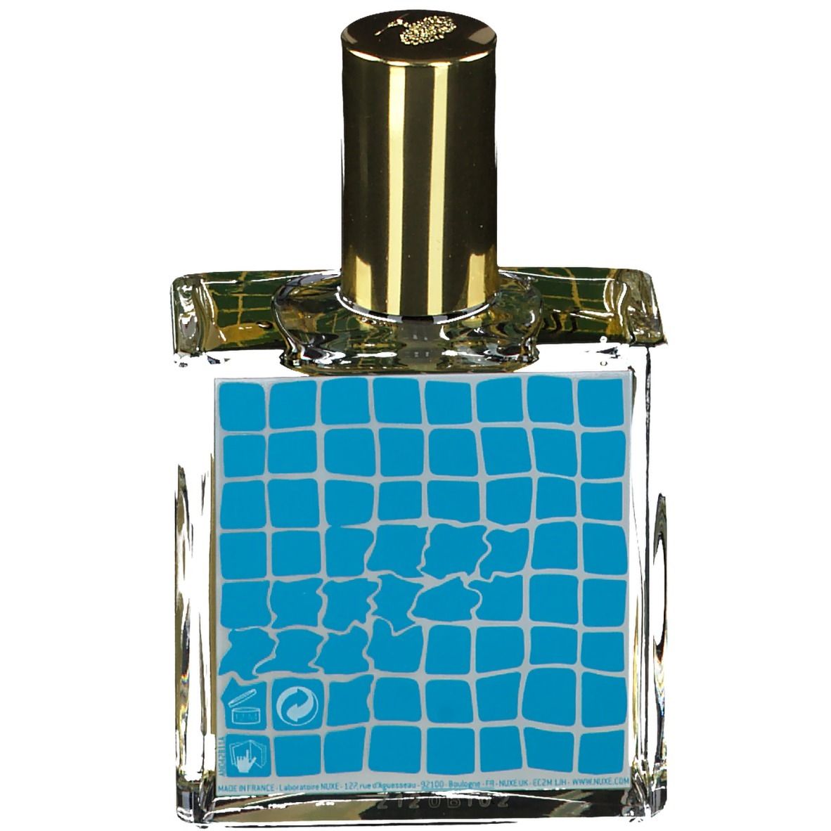 Vierkante glazen fles met gouden dop. Blauw vierkant patroon op de achterkant.